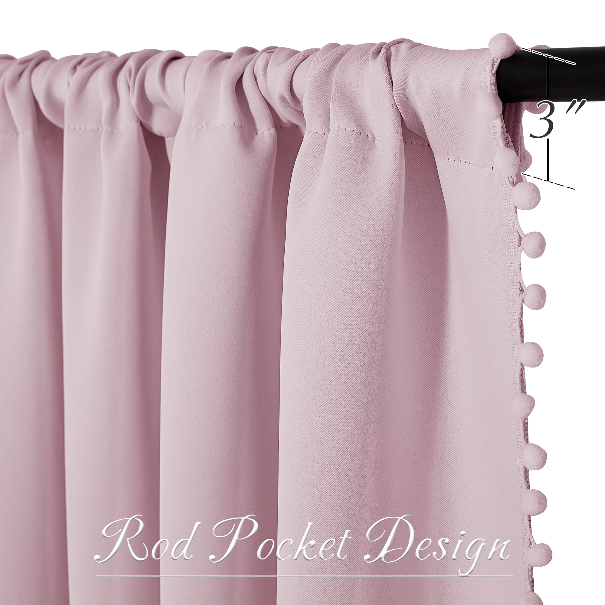 StangH Pink Blackout Curtains for Girls Nursery Room - Thermal Insulated Pompom Room Darkening Drapes (52x63 Inch, 2 Panels) - Perfect for Baby Rooms, Kitchen & Small Windows | Noise Reduction & Light Blocking for Better Sleep