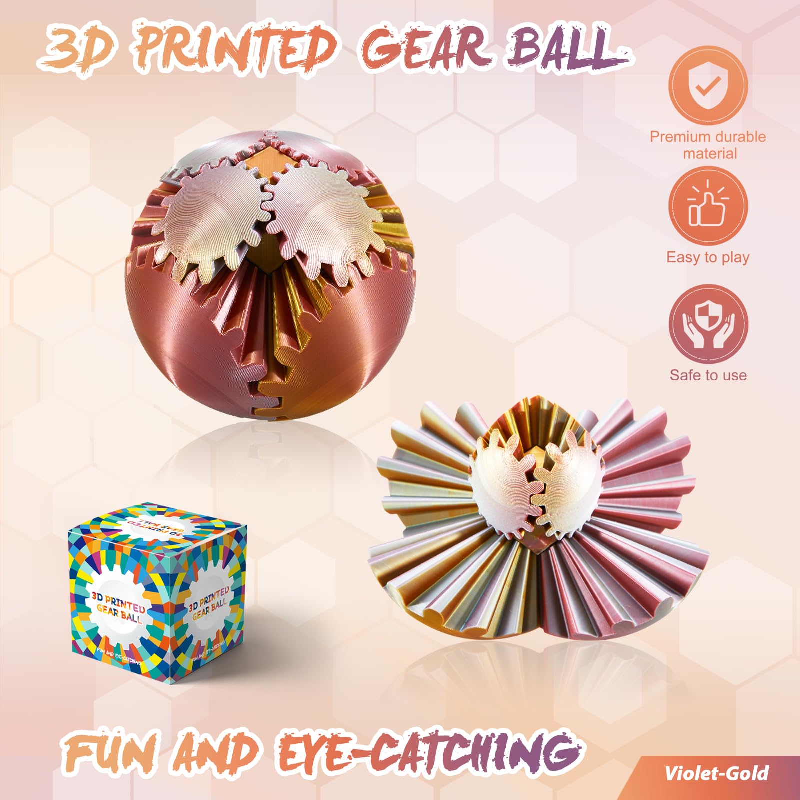 3D Printed Gear Ball - Steampunk Fidget Toy for Adults & Kids, Easter Basket Stuffers, Stress Relief Spin Ball Cube - Perfect for Office, Classroom & Travel