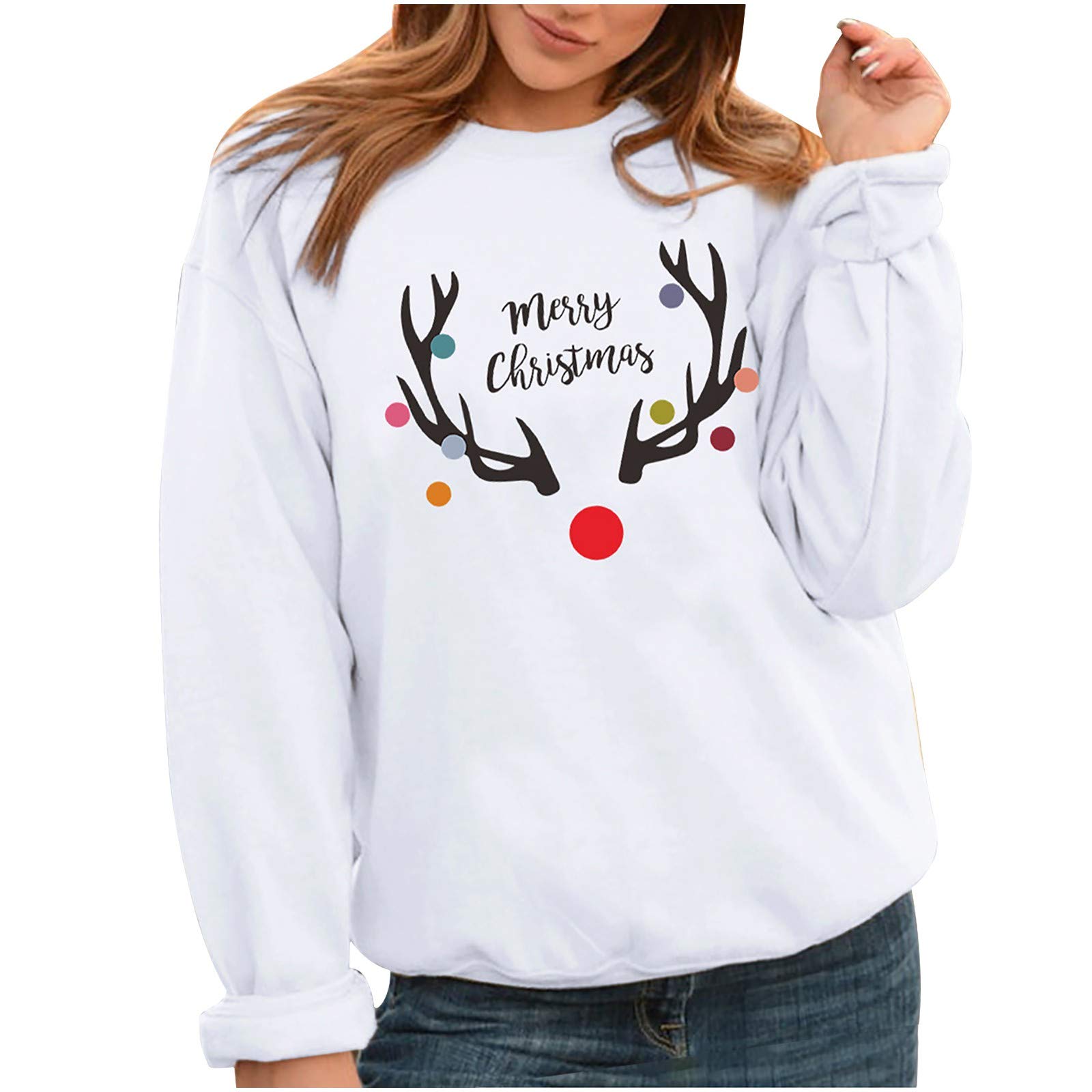 Women's Summer Tops - Christmas Sleeve Printed Loose Fashion Blouse - Casual O-Neck Long Sleeve Work Shirt for Office & Daily Wear | Perfect for Summer Outfits, Casual Fridays & Holiday Parties