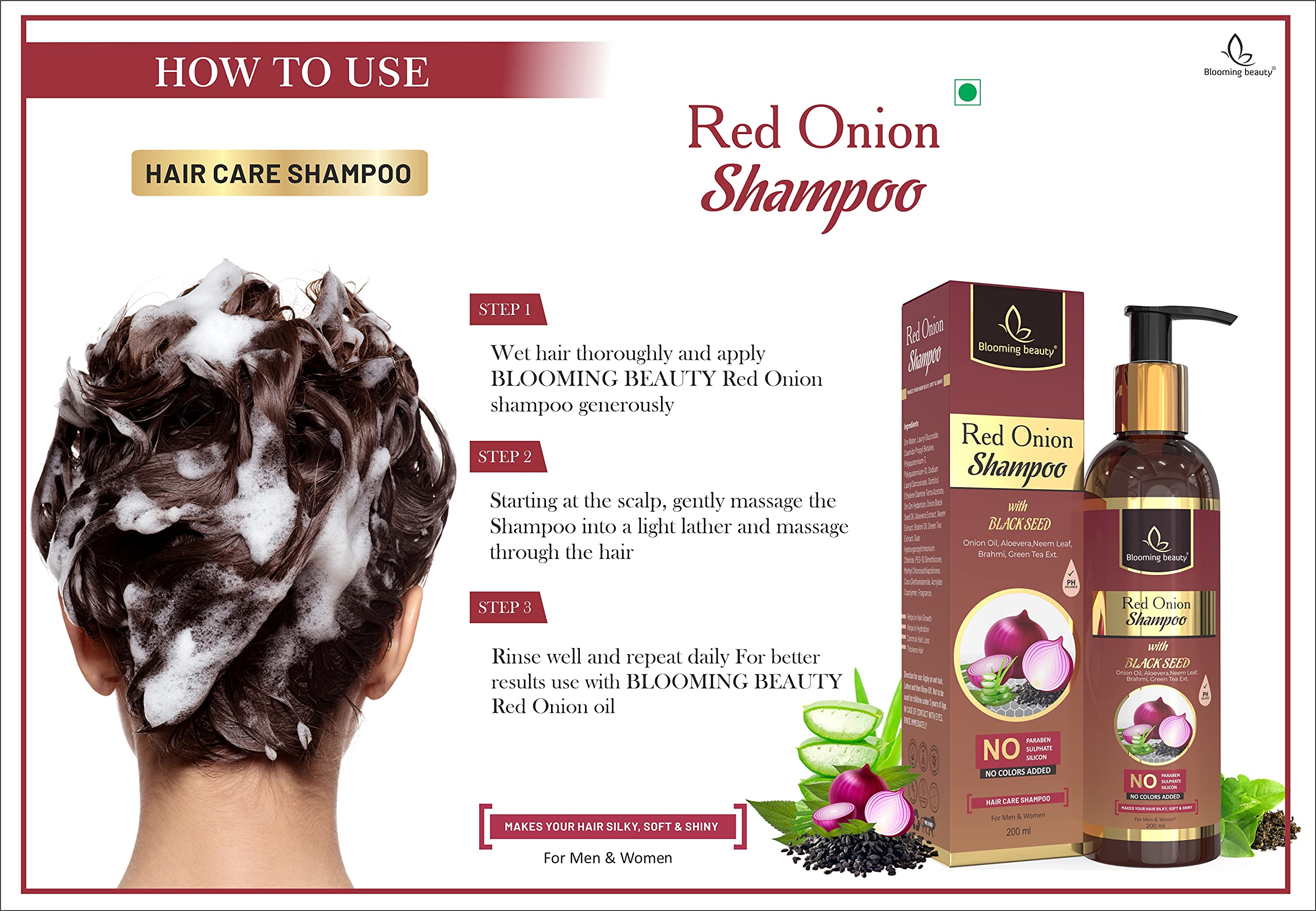 Red Onion Shampoo with Black Seed & 19 Natural Extracts (Aloe Vera, Neem, Green Tea) for Hair Growth & Hair Fall Control - 200ml | Promotes Healthy Scalp & Stronger Hair | Perfect for Daily Use & Damaged Hair Care