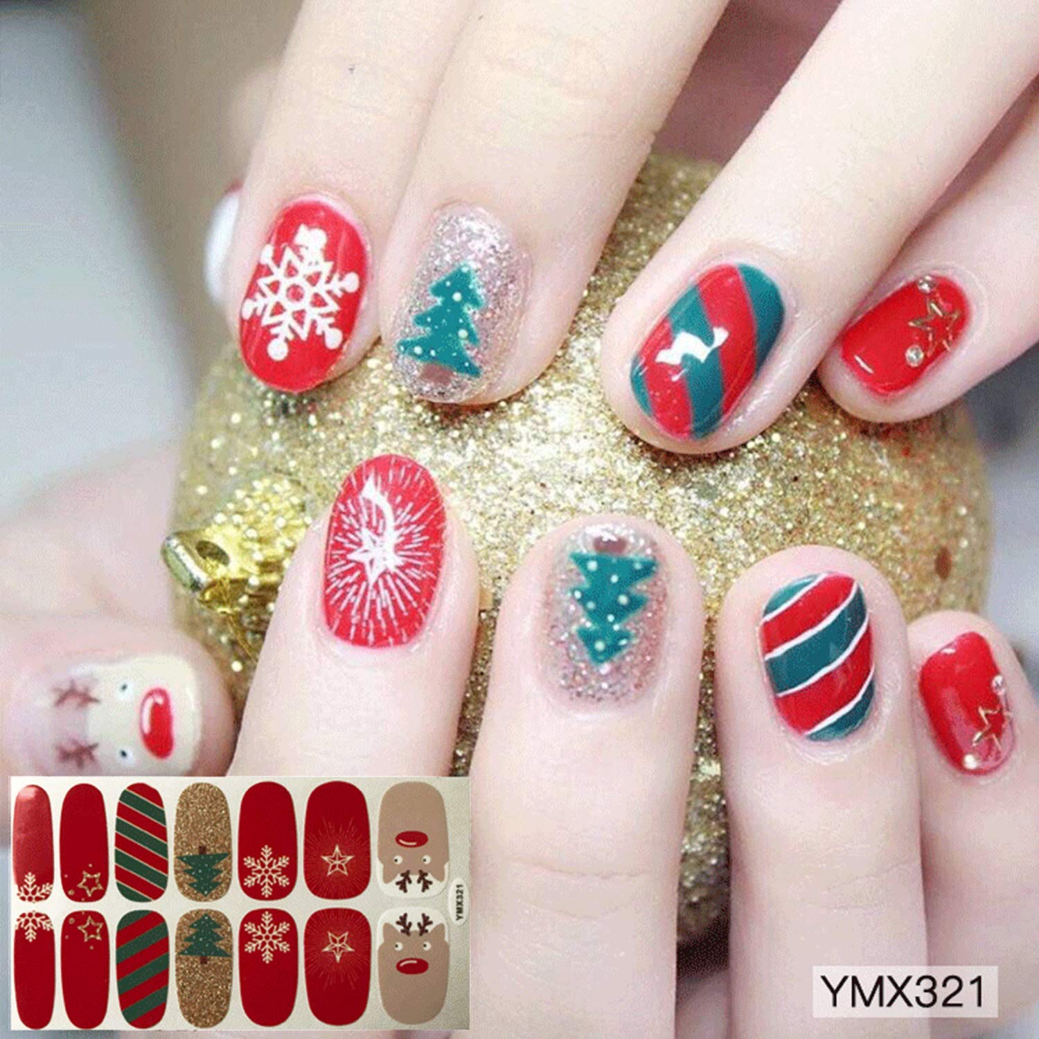 EBANKU Christmas Full Nail Stickers - 8 Sheets Holiday Nail Art Decals with Adhesive & 1 Nail Buffer File | Perfect for Christmas Parties, Gift Giving & DIY Manicures