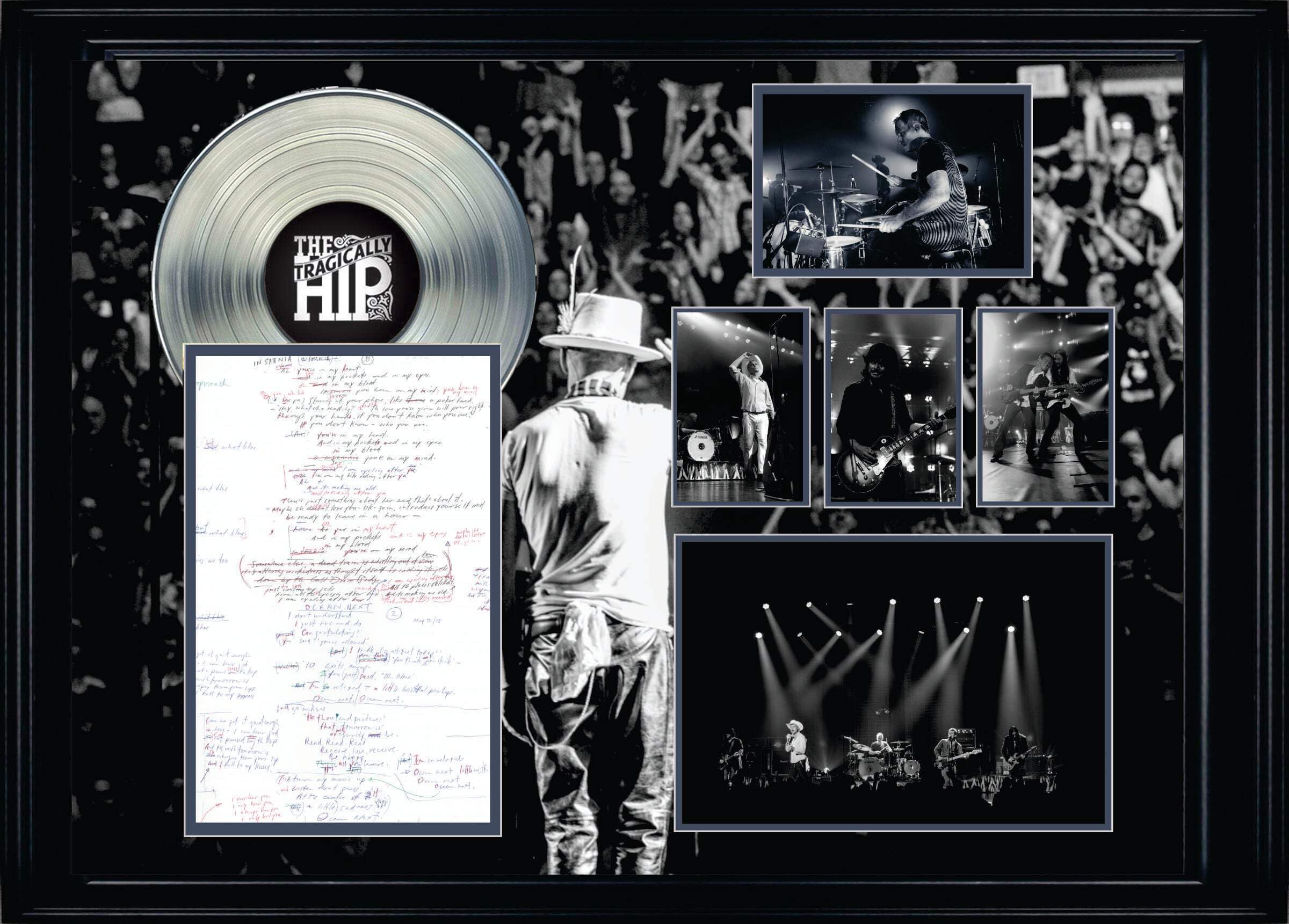 The Tragically Hip Framed On Tour Collage with Lyric Sheet & Silver LP - Vintage Band Memorabilia for Music Fans & Home Decor - Perfect for Living Room, Man Cave or Gift for Hip Fans