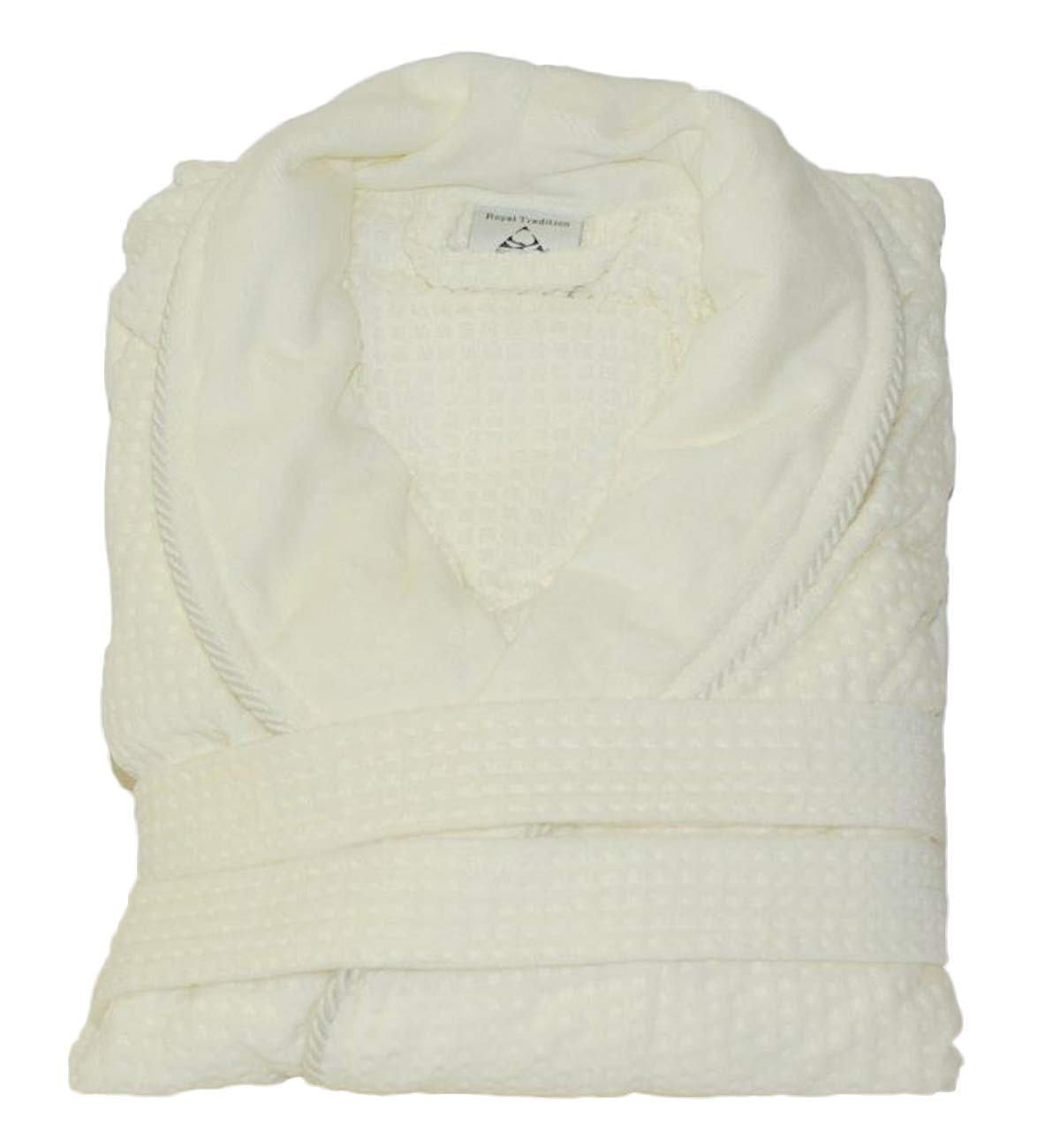Luxury 100% Cotton Waffle Weave Bathrobe with Jacquard Velour Shawl Collar - Royal Hotel Style Spa Robe for Women & Men - Soft Absorbent Off White Bath Robe for Home, Resort & Spa Relaxation