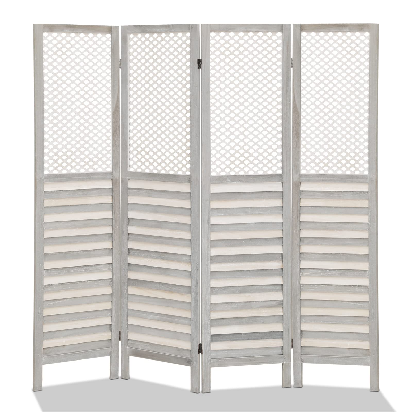 Vintage 5.6Ft Wooden Room Divider Screen - 4 Panel Folding Privacy Partition for Bedroom, Living Room, Home Office & Study | Perfect for Creating Private Spaces in Small Apartments & Open Floor Plans (Grey White)