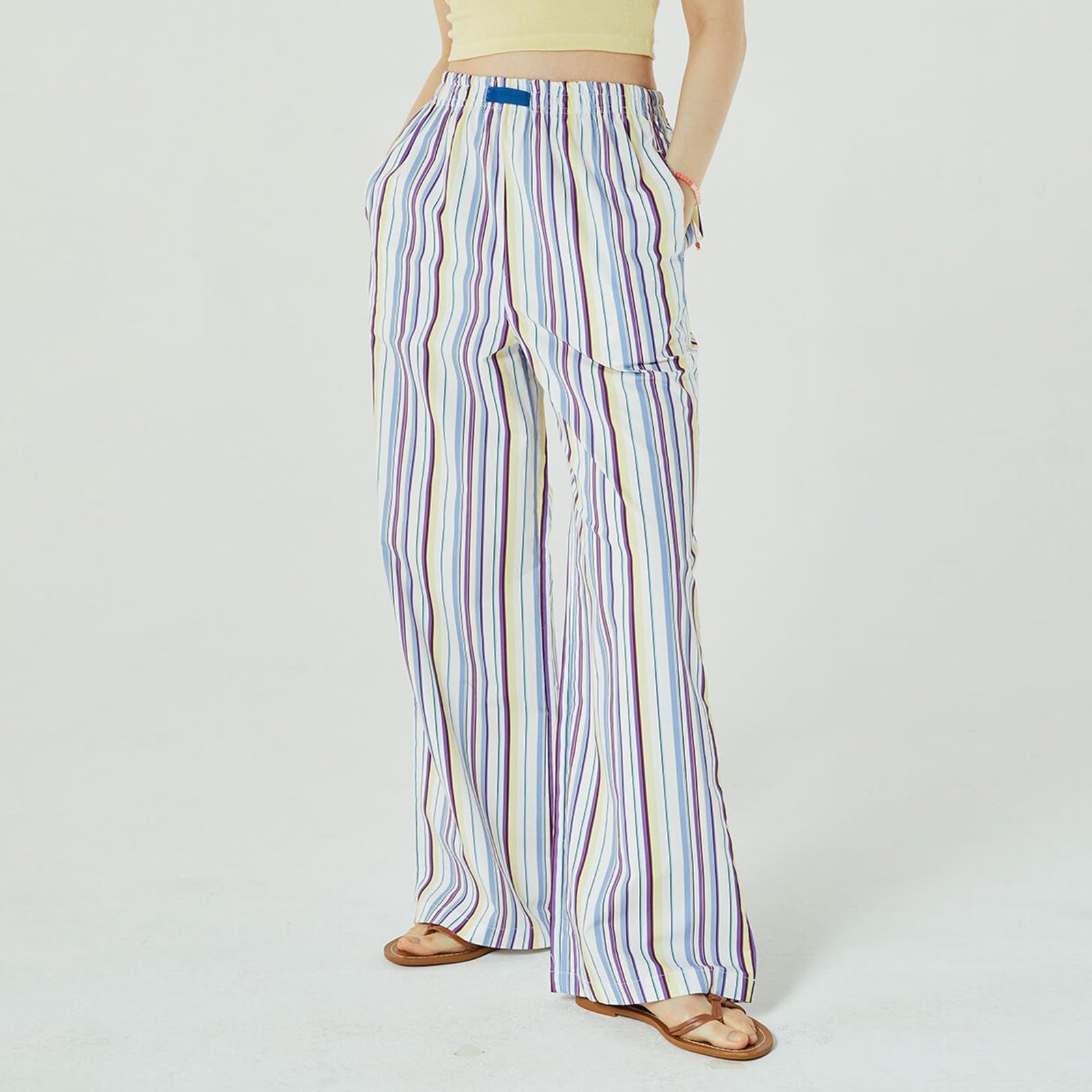 Women's High Waisted Wide Leg Striped Palazzo Pants - Stretchy Elastic Waistband with Pockets - Casual & Office Wear for Comfortable Outfits