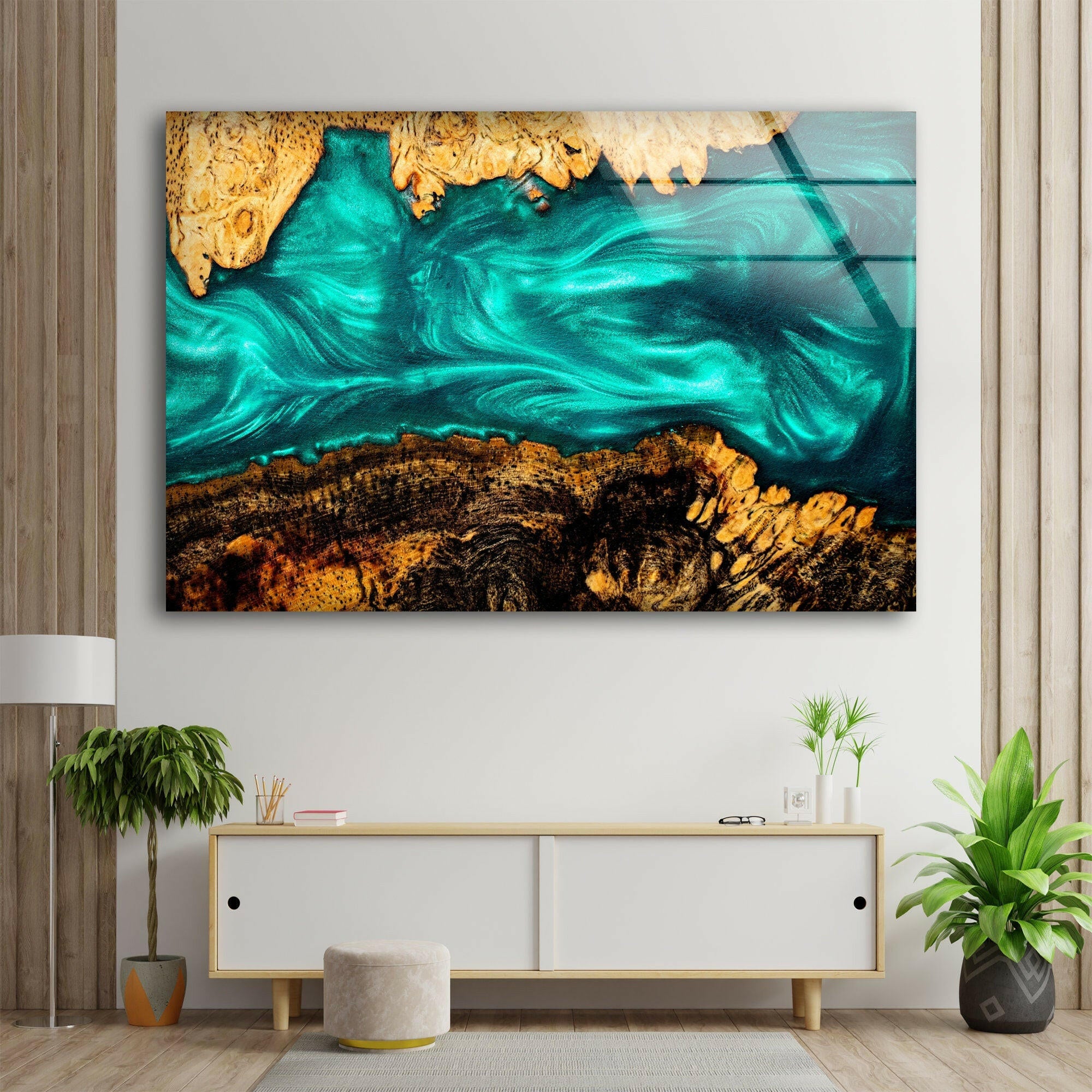 Blue Epoxy Resin Abstract Glass Wall Art - Handmade Modern Home Decor for Living Room, Bedroom & Office