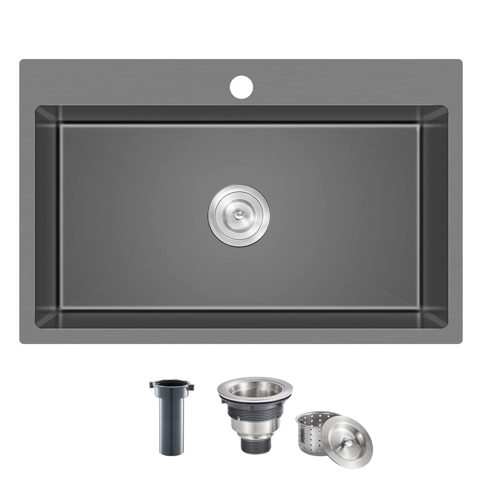 28 Inch Drop-in Black Stainless Steel Kitchen Sink Single Bowl - 9 Inch Deep Top-Mount Handmade Overmount Sink with Basket Strainer - Perfect for Modern Kitchens, Restaurants & RV Remodels