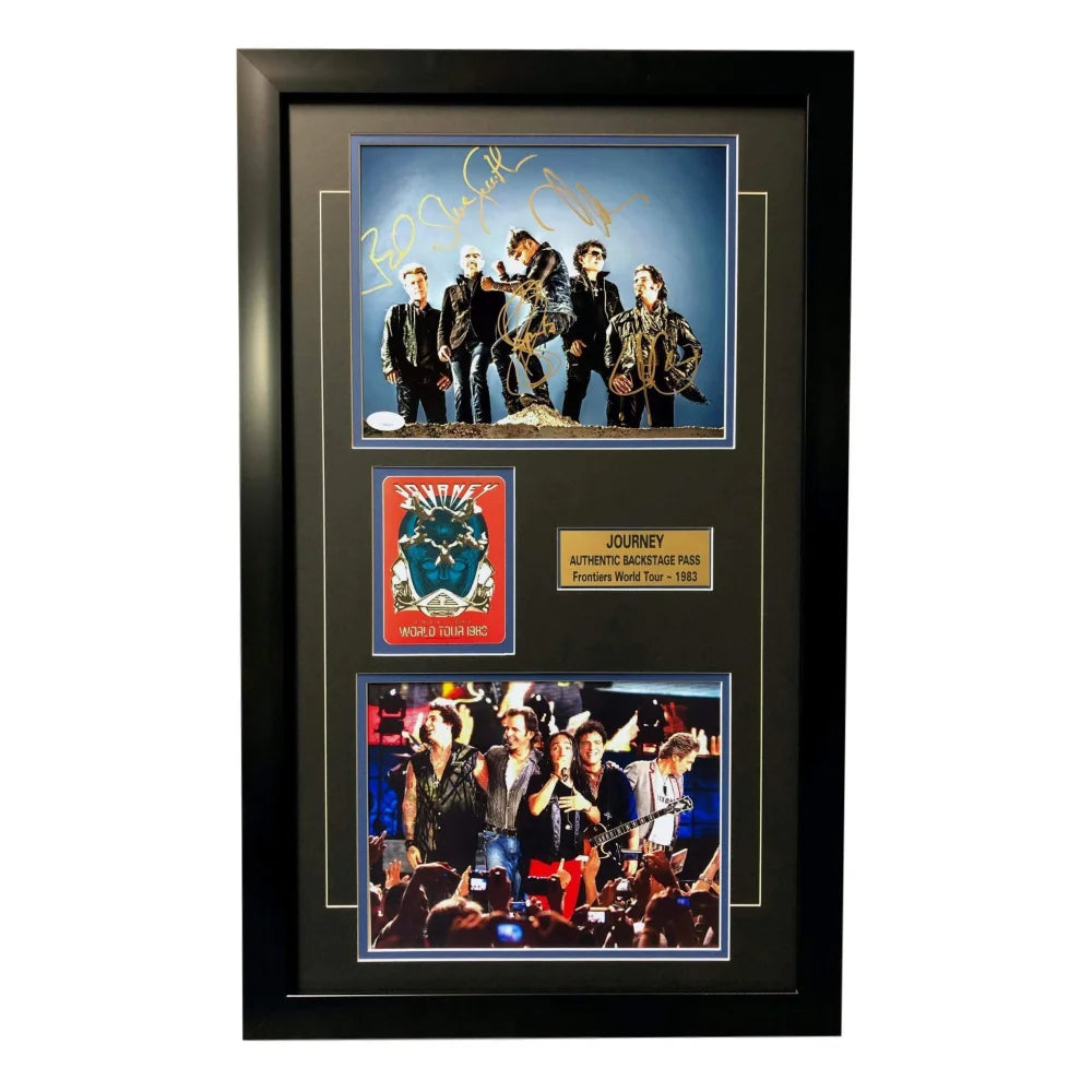 Journey Band Signed 8x10 Photo Framed with JSA COA & Tour Pass - Neal Schon, Ross Valory - Perfect for Music Memorabilia Collectors & Rock Fans Display