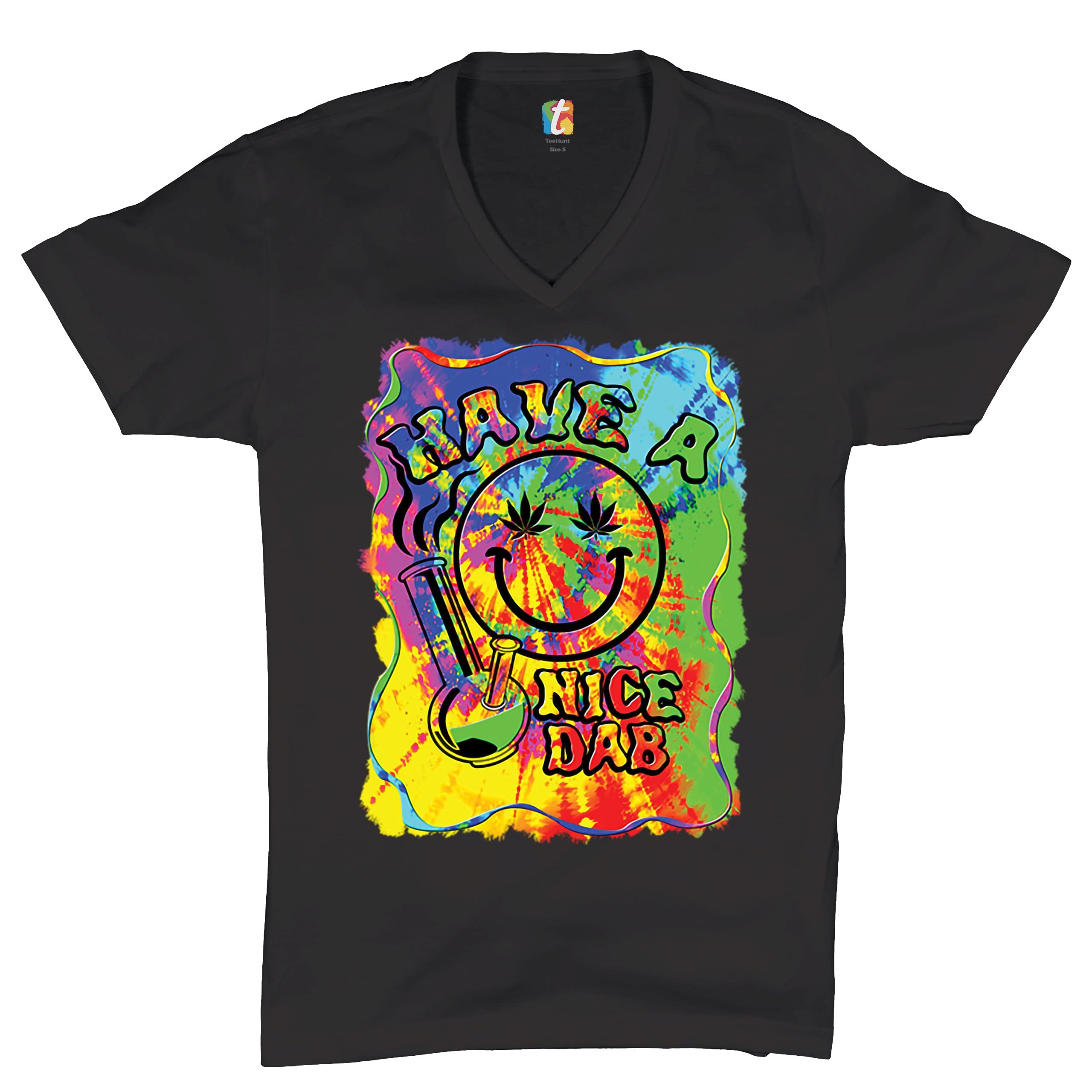 420 Happy Face Hitting Bong V-Neck T-Shirt | Funny Cannabis Weed Smoking Tee for Stoners & Dab Lovers | Perfect for 4/20 Celebrations, Smoke Sessions & Music Festivals