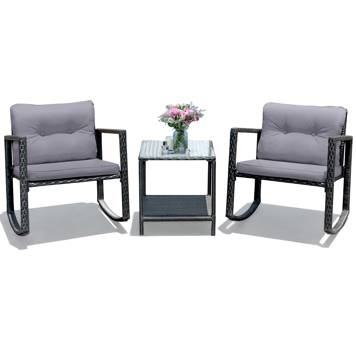 Tangkula 3-Piece Outdoor Patio Wicker Rocking Bistro Set with Cushioned Chairs, Glass Coffee Table & Storage Shelf - Gray | Perfect for Backyard, Garden, Deck or Balcony Relaxation