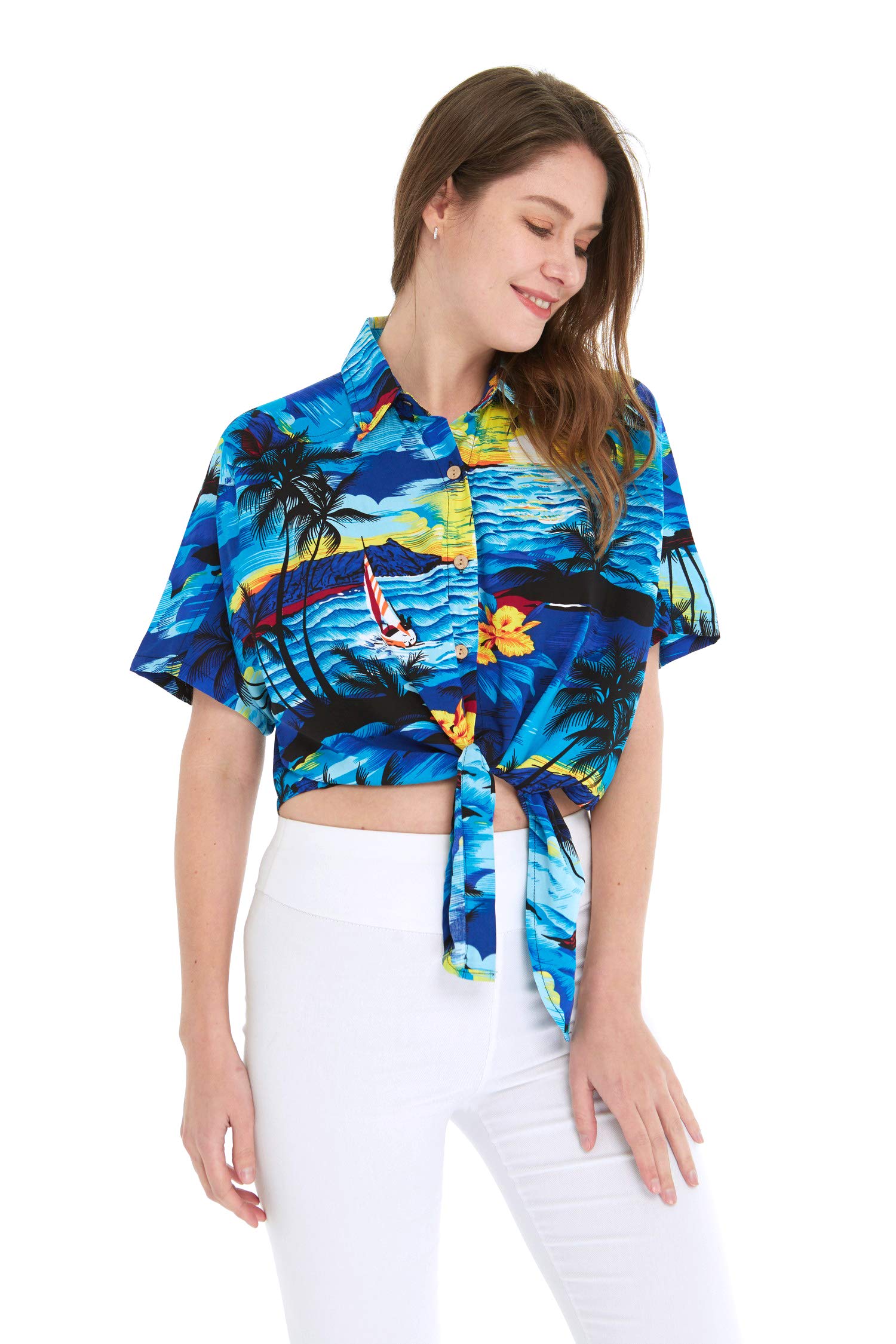 Women's Hawaiian Tie Front Crop Top Aloha Shirt in Sunset Print - Tropical Vacation Outfit for Beach Party & Summer Fashion