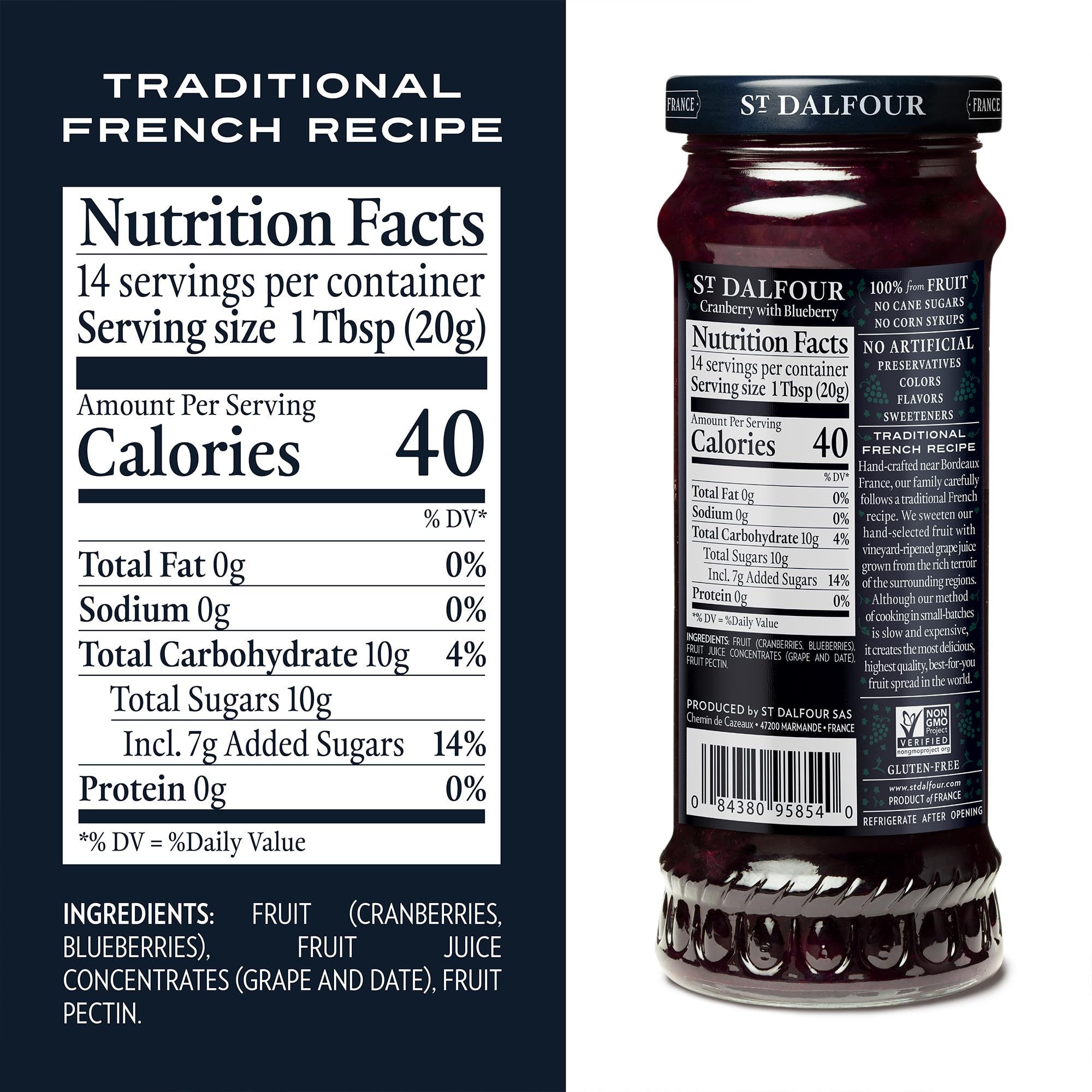 St. Dalfour Cranberry Blueberry Fruit Spread - 10oz Jar | 100% Natural Fruit, No Added Sugar, Non-GMO, Vegan | Perfect for Toast, Yogurt & Baking