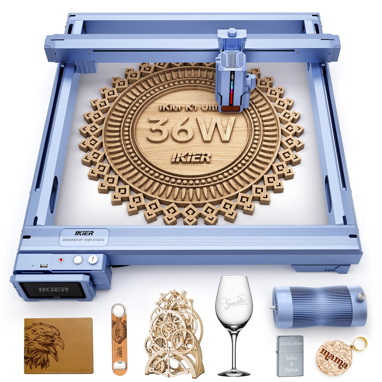 IKIER K1 Ultra 36W Laser Engraver & Cutter Machine with Auto Air Assist Pump - 180W DIY Engraving Tool for Wood, Metal, Acrylic, Leather - Perfect for Home Crafting, Jewelry Making & Industrial Applications