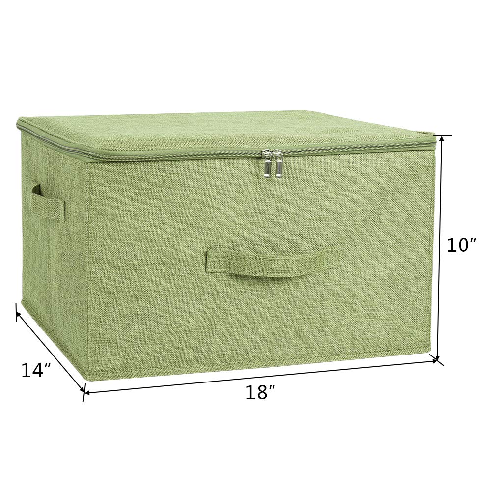 ANMINY 2-Pack Large Foldable Storage Bins with Zipper Lid & Handles - PP Plastic Board & Cotton Linen Fabric Organizer Box for Closet, Clothes, Toys, Home Organization (Green) - Perfect for Bedroom, Nursery, Office & Travel Storage Solutions