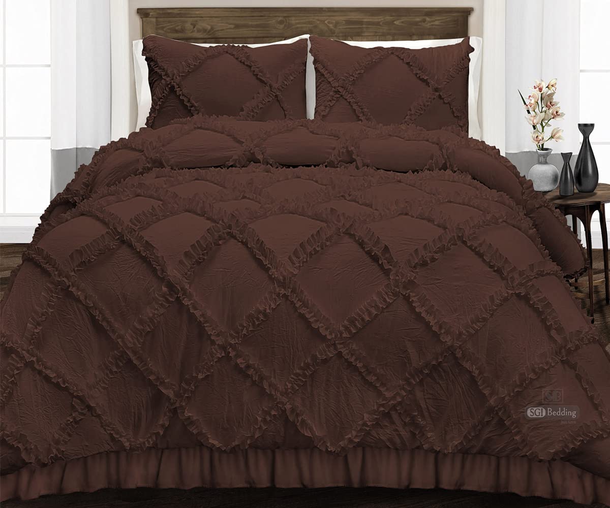 Premium SGI King Comforter Set - 300 GSM Plush Siliconized Microfiber Fill with 1000 Thread Count Egyptian Cotton Shell | Diamond Ruffle Chocolate Design | Fluffy Soft Duvet Insert & Matching Pillowcases | Perfect for Master Bedroom, Guest Room & Luxury Hotels
