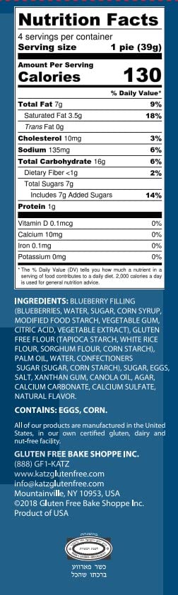 Katz Gluten Free Blueberry Mini Pies - Dairy Free, Nut Free, Soy Free, Kosher Certified (4 Pack, 5.5 oz) - Perfect for Snacks, Desserts & Special Diets