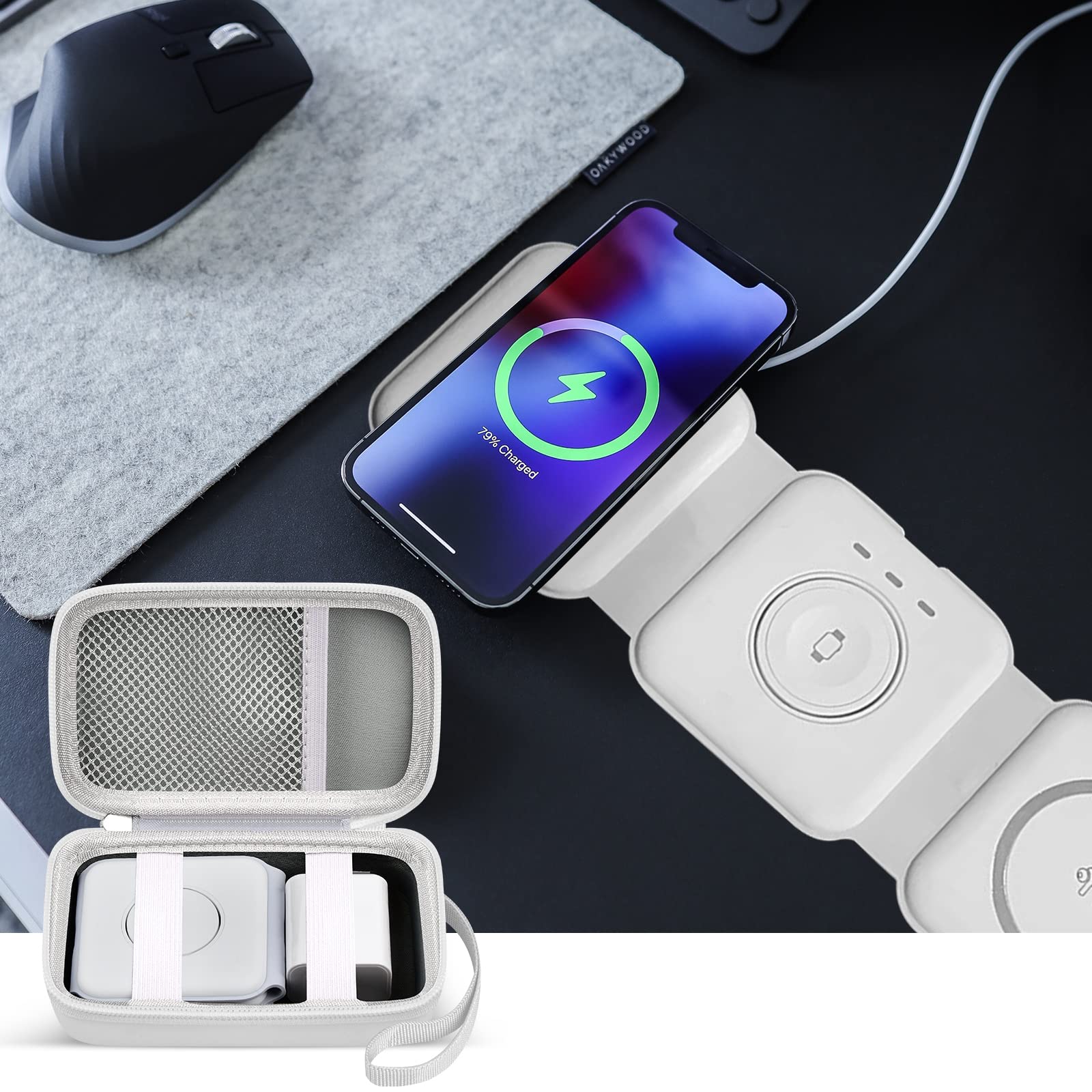 3-in-1 Foldable Magnetic Wireless Charging Station Travel Case - Compatible with UCOMX Nano, Iseyyox, LISEN & RTOPS Fast Chargers | Portable Storage Bag for Charger Pad, Cables & Adapters (White) | Perfect for Home, Office & Travel Use