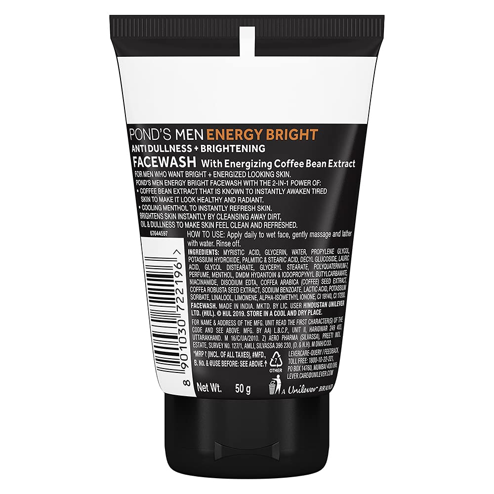 Pond's Men Energy Bright Anti-Dullness Face Wash with Coffee Bean - 50g | Deep Cleansing & Brightening Facial Cleanser for Men | Perfect for Morning Routine & Post-Workout Refreshment