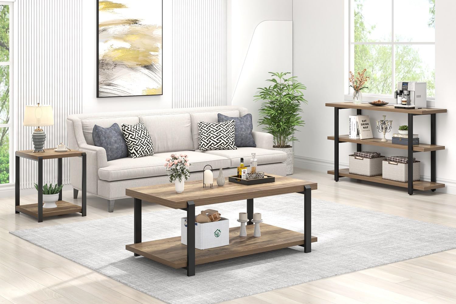 Rustic Industrial Coffee Table with Shelf - Solid Wood and Metal Cocktail Table for Living Room, Bedroom, Office - Oak Finish, Farmhouse Style Home Decor