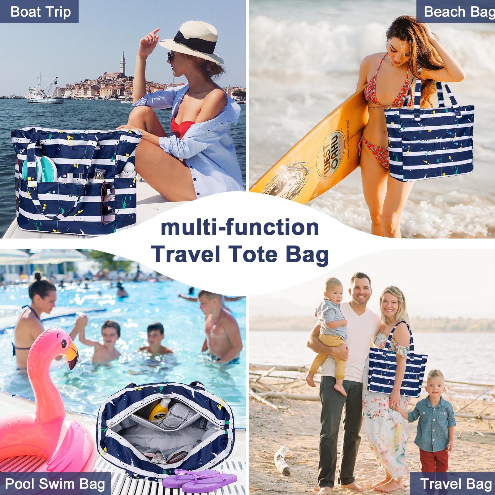 Waterproof Sandproof Beach Tote Bag for Women - Large Zippered Pool Bag with Wet Pocket - Perfect for Gym, Grocery Shopping, Travel & Beach Outings