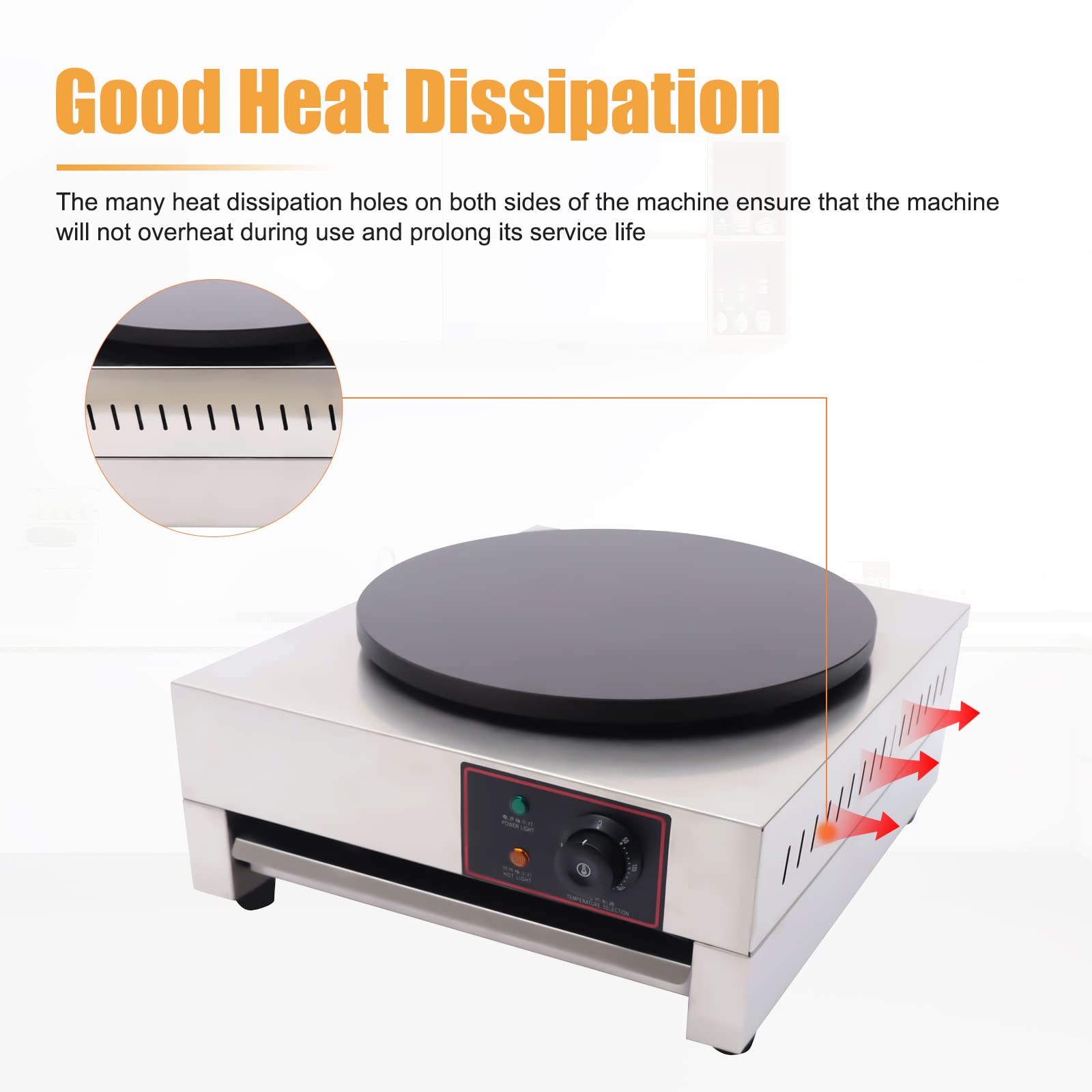 16 Inch Commercial Electric Crepe Maker - 1700W Nonstick Round Hotplate Griddle Machine with Adjustable Temperature for Pancakes, Blintzes, Eggs & Tortillas - Perfect for Restaurants, Cafes & Home Breakfast Cooking