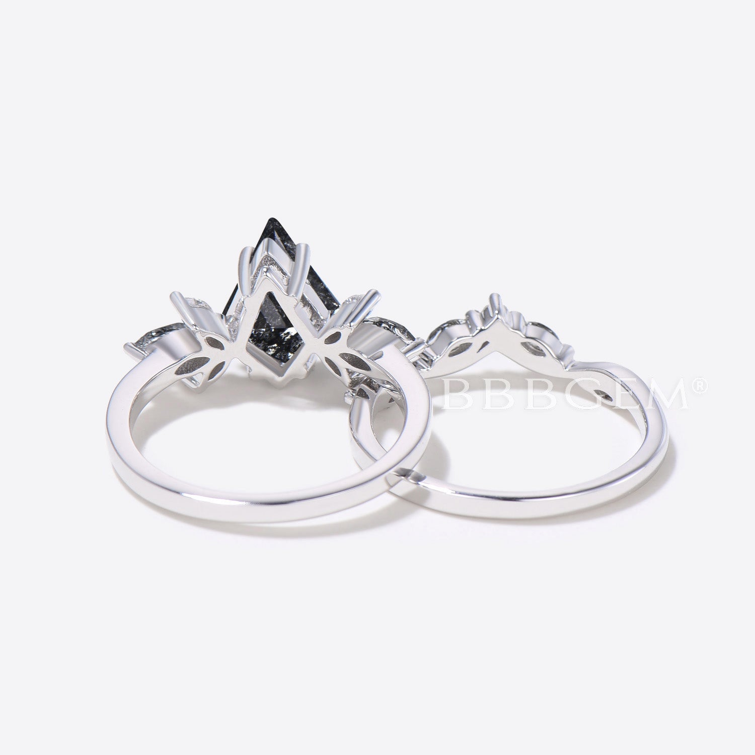 Natural Salt and Pepper Diamond Black Rutilated Quartz Cluster Bridal Ring Set - Unique Wedding Band for Engagement, Anniversary & Special Occasions