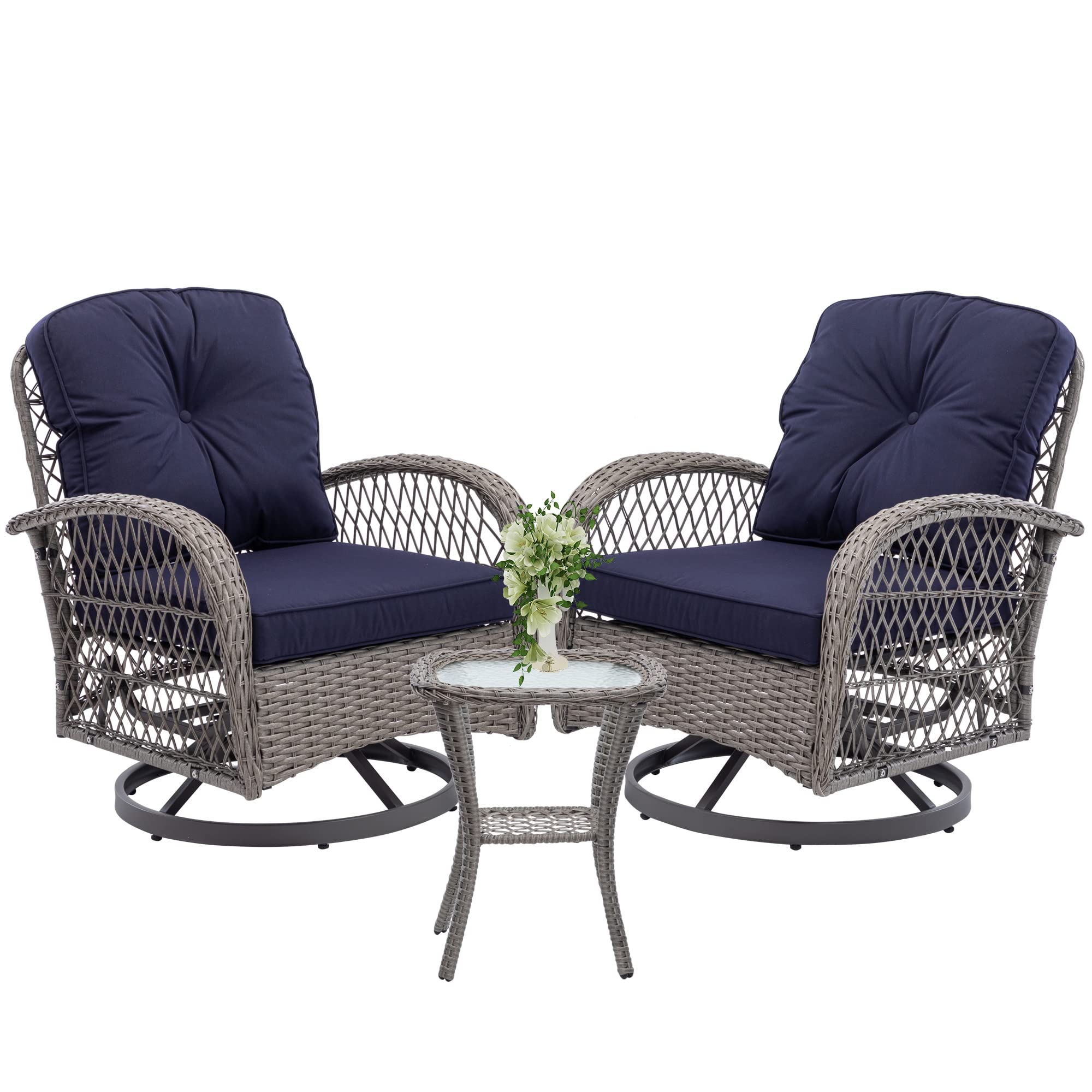 360° Swivel Patio Chairs Set - 3-Piece Outdoor Rocking Bistro Table & Chairs with Rattan Wicker Design & Cushions - Perfect for Front Porch, Garden, Deck and Backyard Relaxation