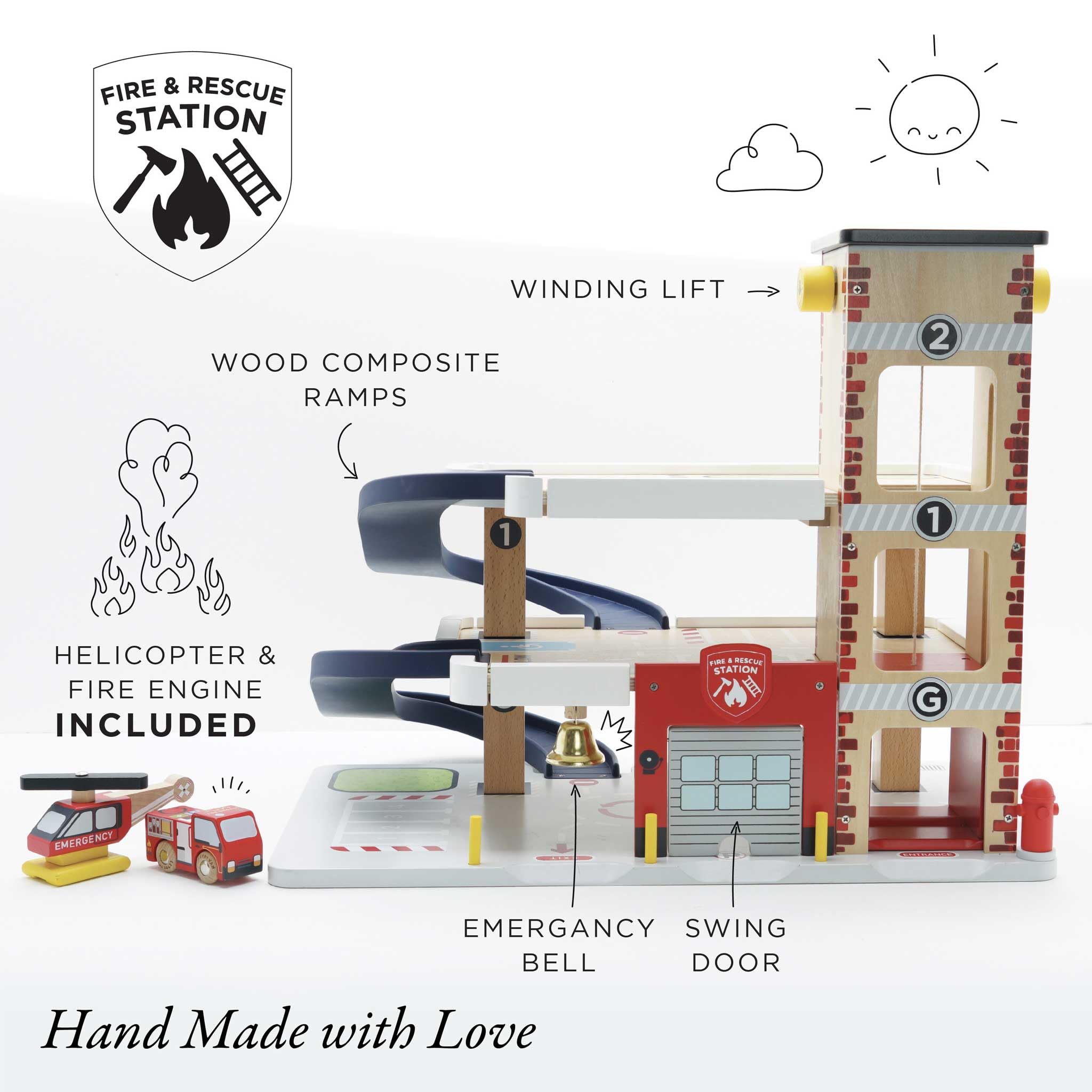 Le Toy Van Wooden 3-Story Fire & Rescue Garage Toy Car Play Set with Vehicles - Pretend Play Toy for Kids Ages 3+ (TV453) - Perfect for Imaginative Play, Firefighter Role-Playing & Early Childhood Development