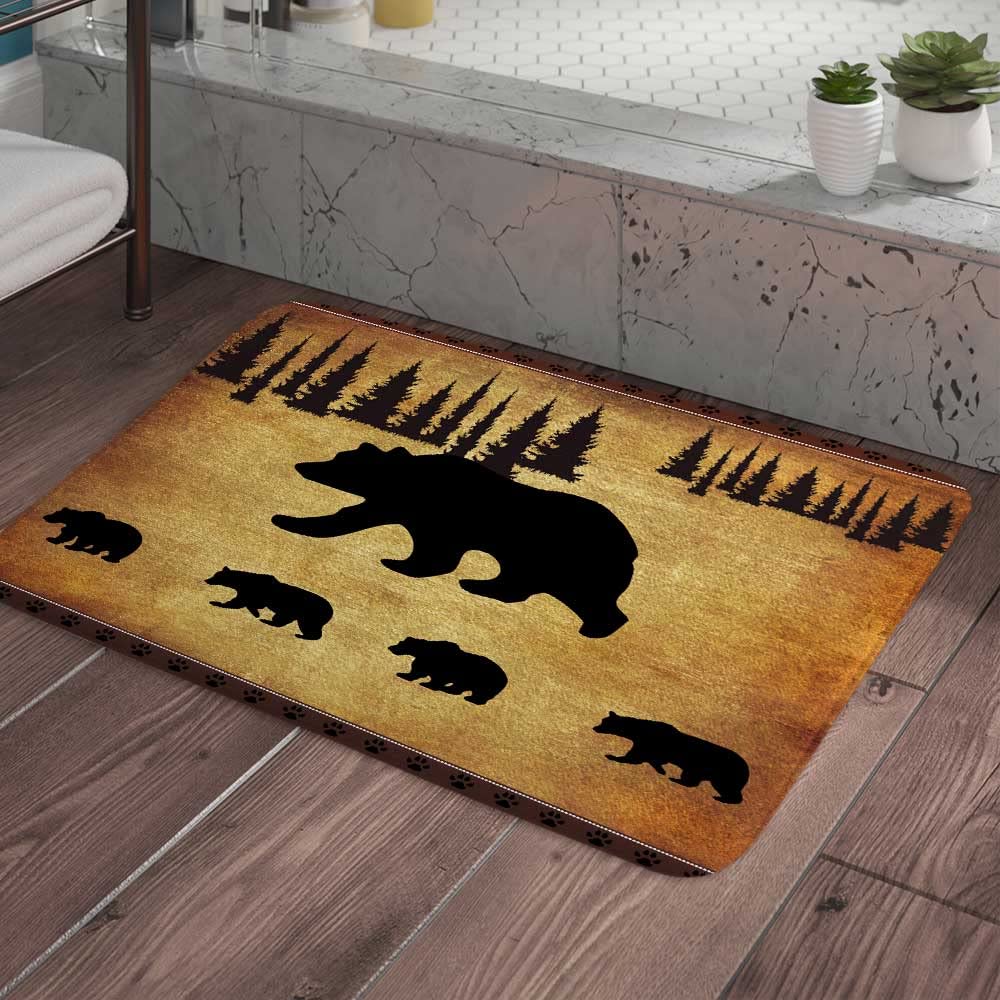 JAWO Rustic Cabin Bathroom Rug - Non-Slip Bath Mat with Black Bear & Forest Trees Design - Water Absorbent Cabin Decor for Bathroom & Kitchen (17