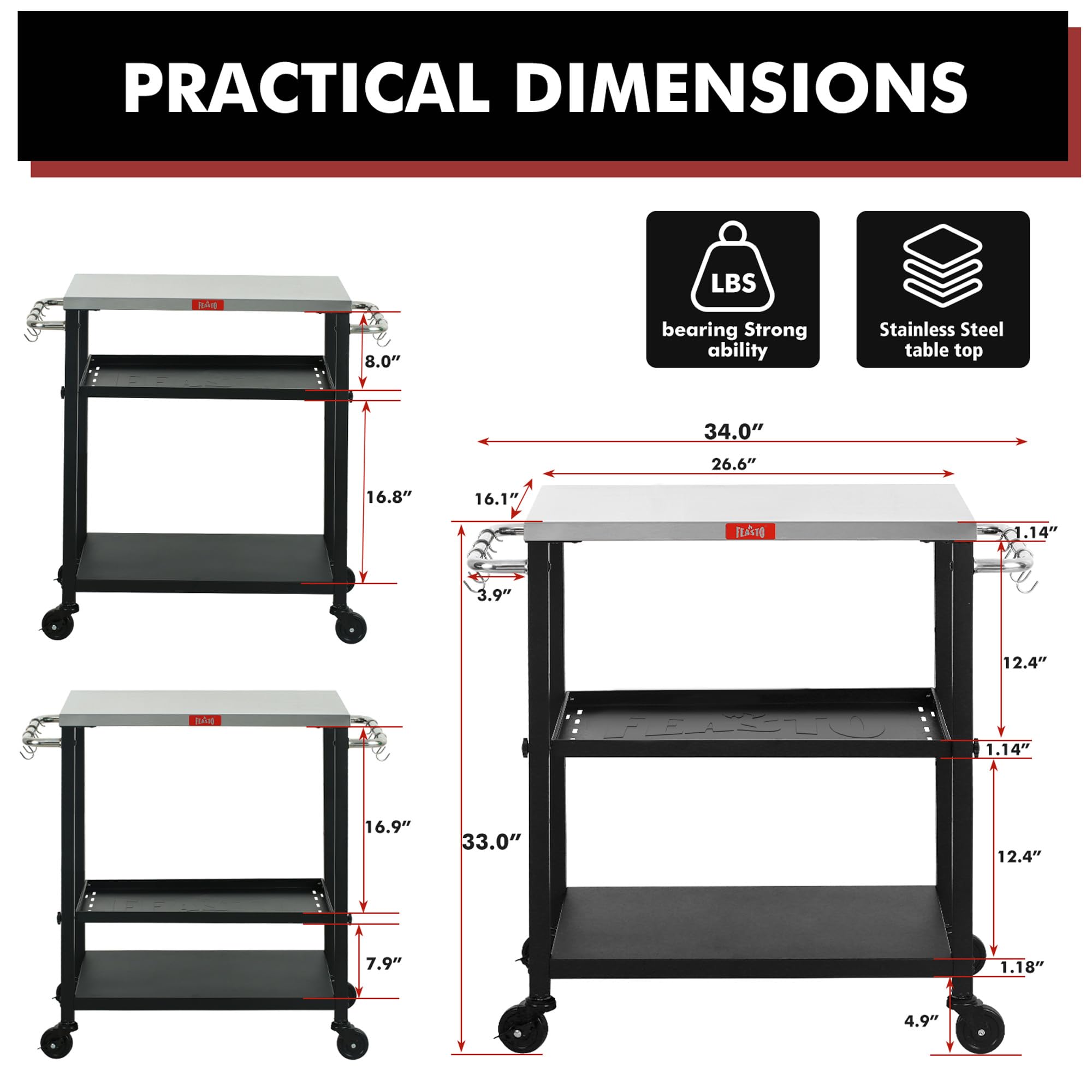 3-Tier Adjustable Grill Cart with Wheels - Stainless Steel Outdoor Pizza Oven Stand & BBQ Table (34