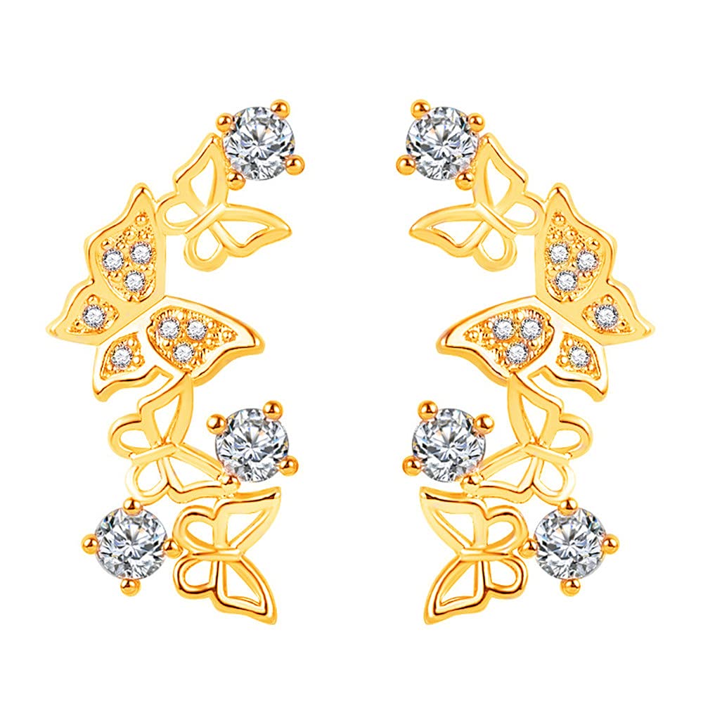 14K Gold Plated Butterfly Flower Stud Earrings for Women - Cubic Zirconia Cuff & Wrap Ear Crawlers - Elegant Gift for Birthday, Valentine's Day, Wedding & Party - Perfect for Everyday Wear, Date Night & Special Occasions