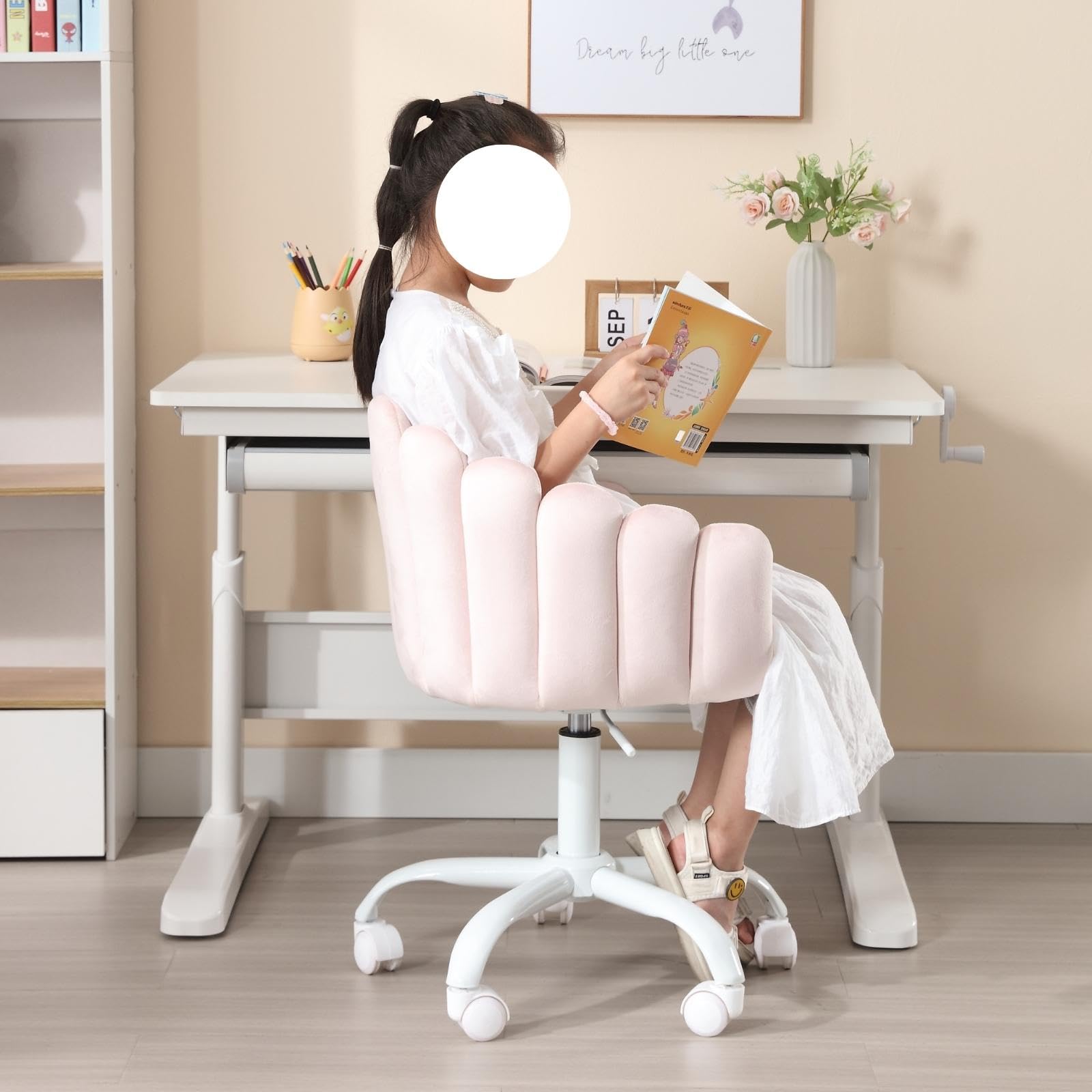 DUOMAY Adjustable Kids Desk Chair with Wheels - Pink Velvet Swivel Computer Chair for Boys and Girls, Ergonomic Study Chair for Children's Bedroom, Homeschooling & Gaming Setup