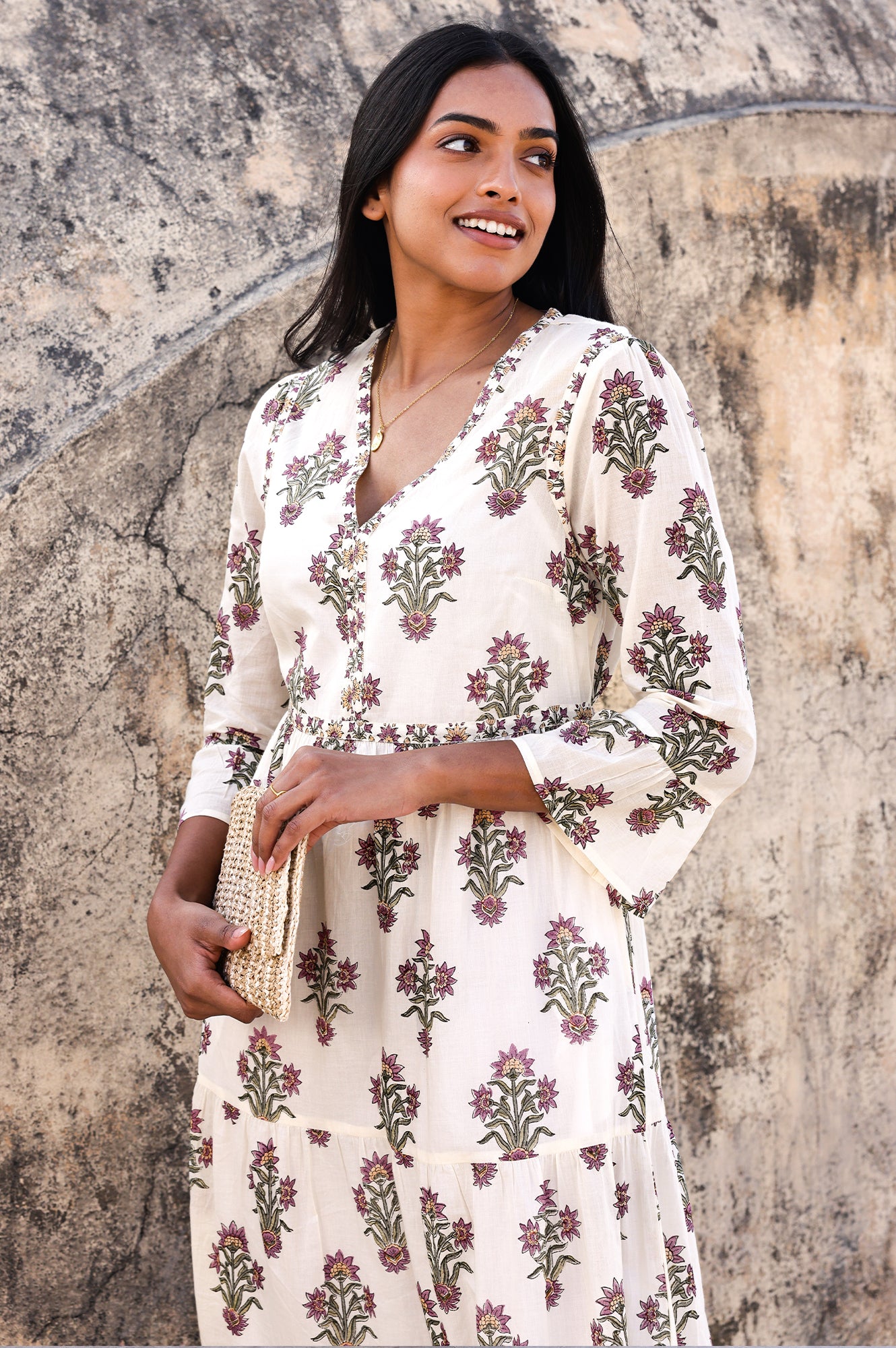Hayden Organic Cotton Block Print Dress - Antique Wildflower Pattern in Cream, Red & Green | Boho Chic Summer Dress for Beach, Vacation & Casual Wear