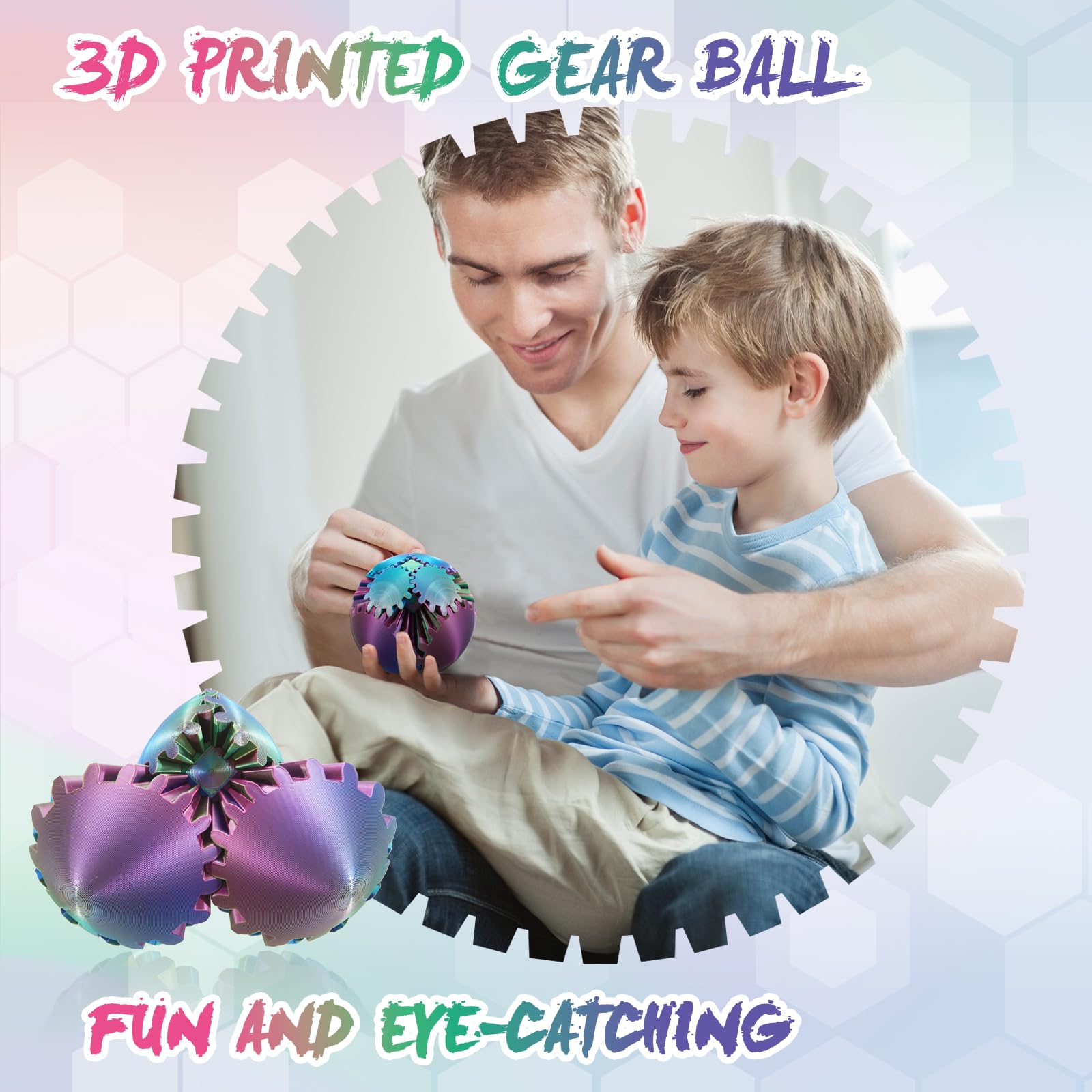 3D Printed Gear Ball - Steampunk Fidget Toy for Adults & Kids, Stress Relief Spin Cube, Red Green Blue - Perfect for Office, Classroom & Travel Anxiety Relief