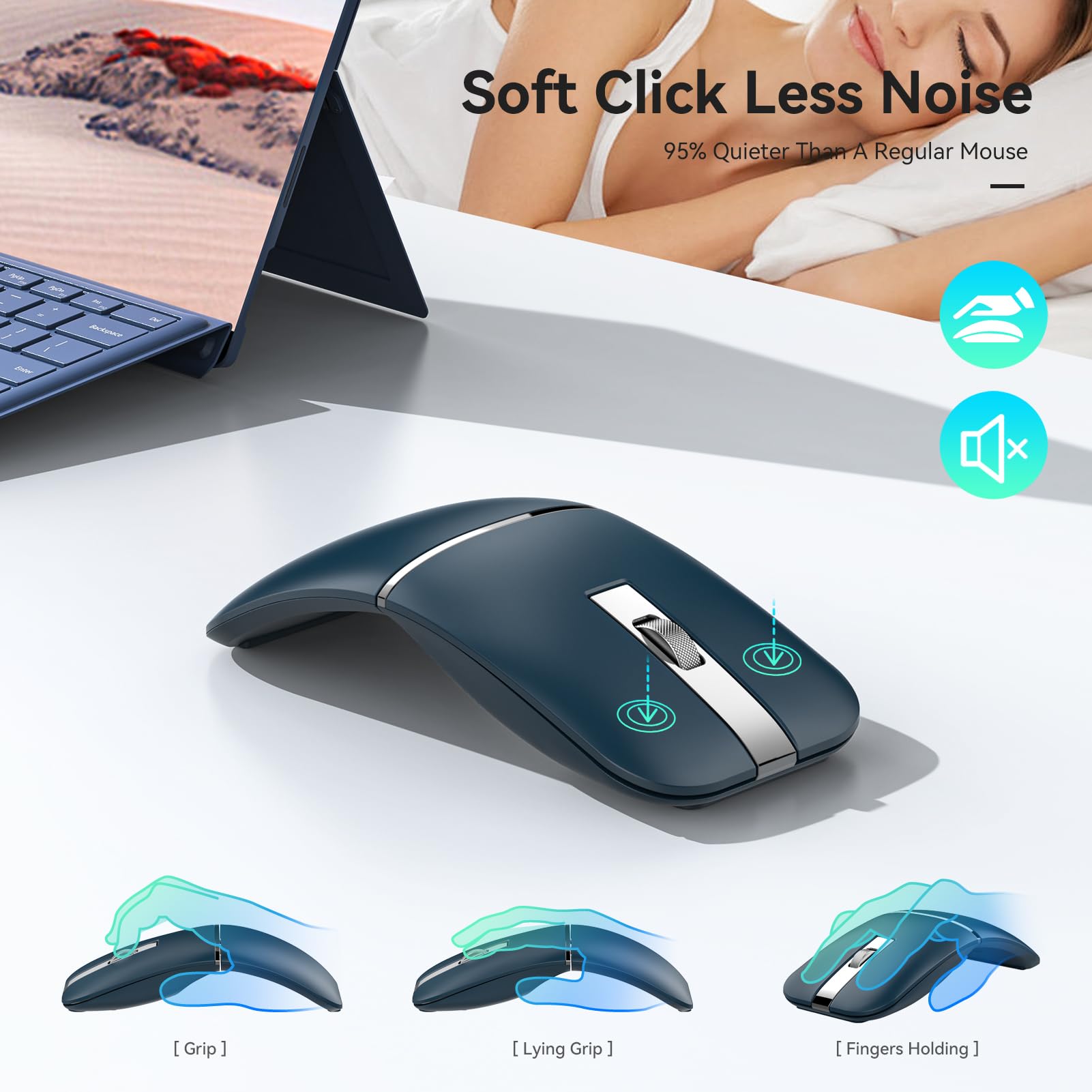 Foldable Bluetooth Travel Mouse - Rotatable Wireless Mouse with 2.4G USB Receiver, Rechargeable Ergonomic Mouse for Laptop, Notebook, PC | Portable for Business Travel, Office & Home Use (Blue)