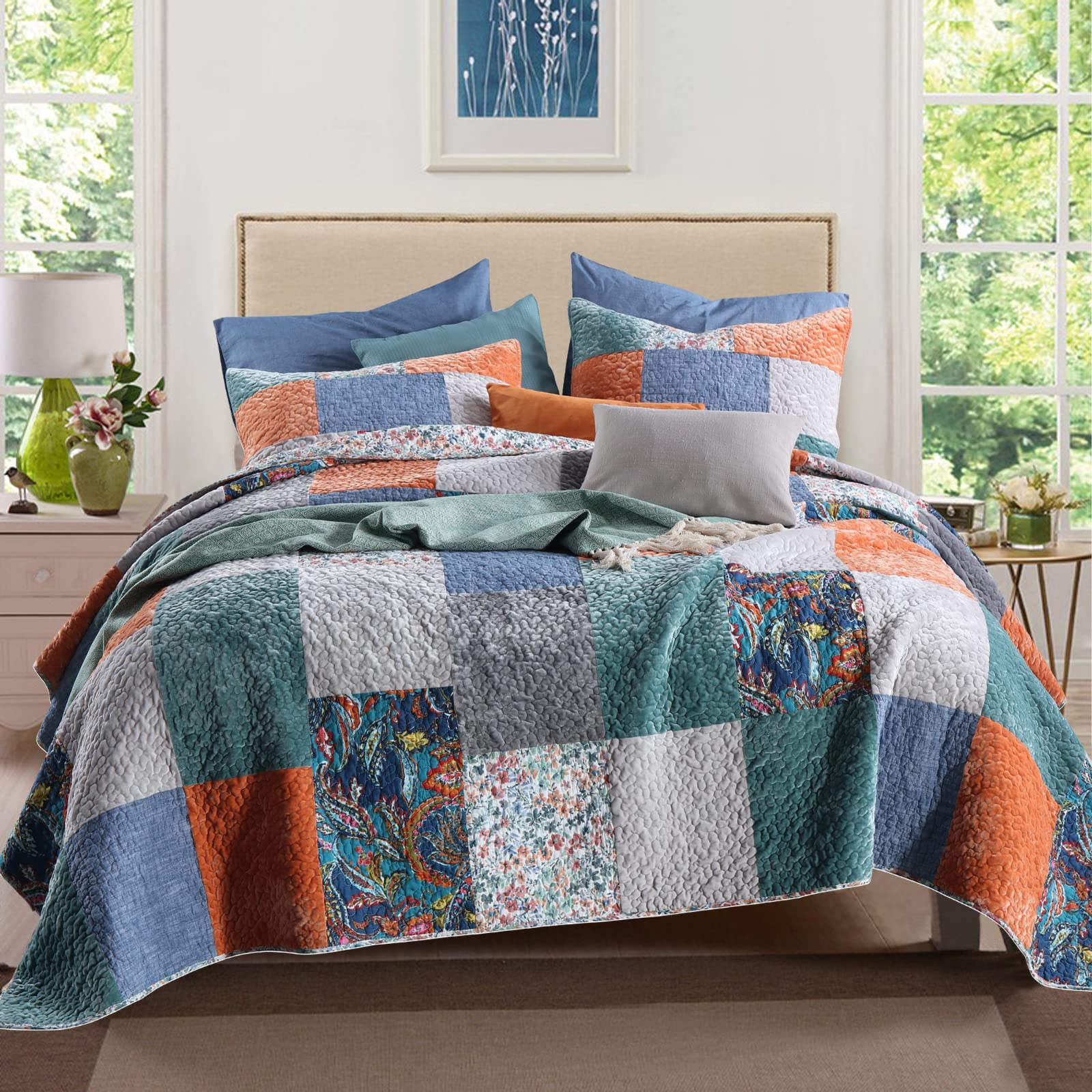 Yvooxny King Size Quilt Set - Lightweight Reversible Patchwork Bedspread Coverlet for All Seasons | Colorful Floral Design | Perfect for Master Bedroom, Guest Room & Cozy Home Decor