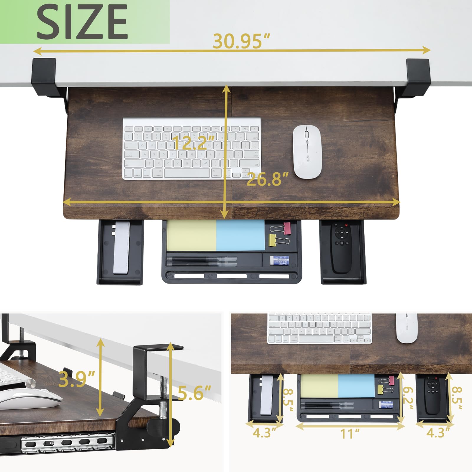 Ergonomic Under Desk Keyboard Tray - Slide-Out Wooden Platform with C-Clamp for Home & Office Workspace