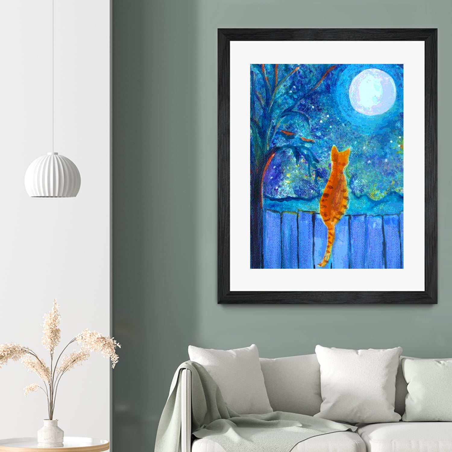 Moonlight Cat on Fence - Stunning Nighttime Wall Art for Home & Office Decor