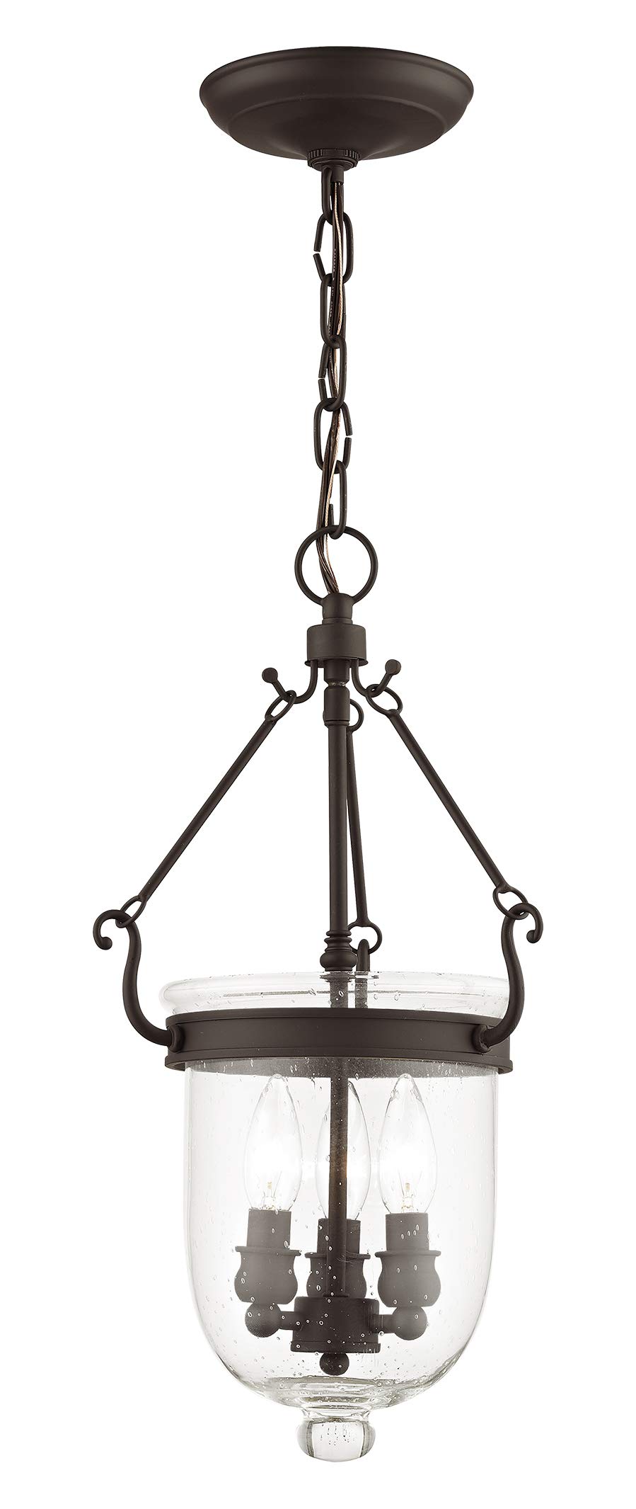 Livex Lighting 5083-07 Jefferson 3-Light Bronze Bell Jar Hanging Lantern with Seeded Glass - Vintage Farmhouse Ceiling Light for Dining Room, Kitchen, or Entryway