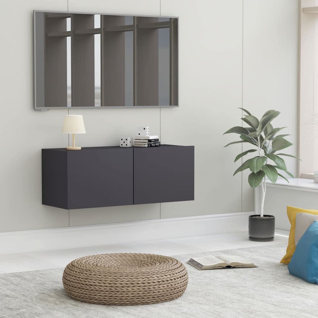 Modern Grey TV Stand with 2 Drop-Down Doors - 31.5
