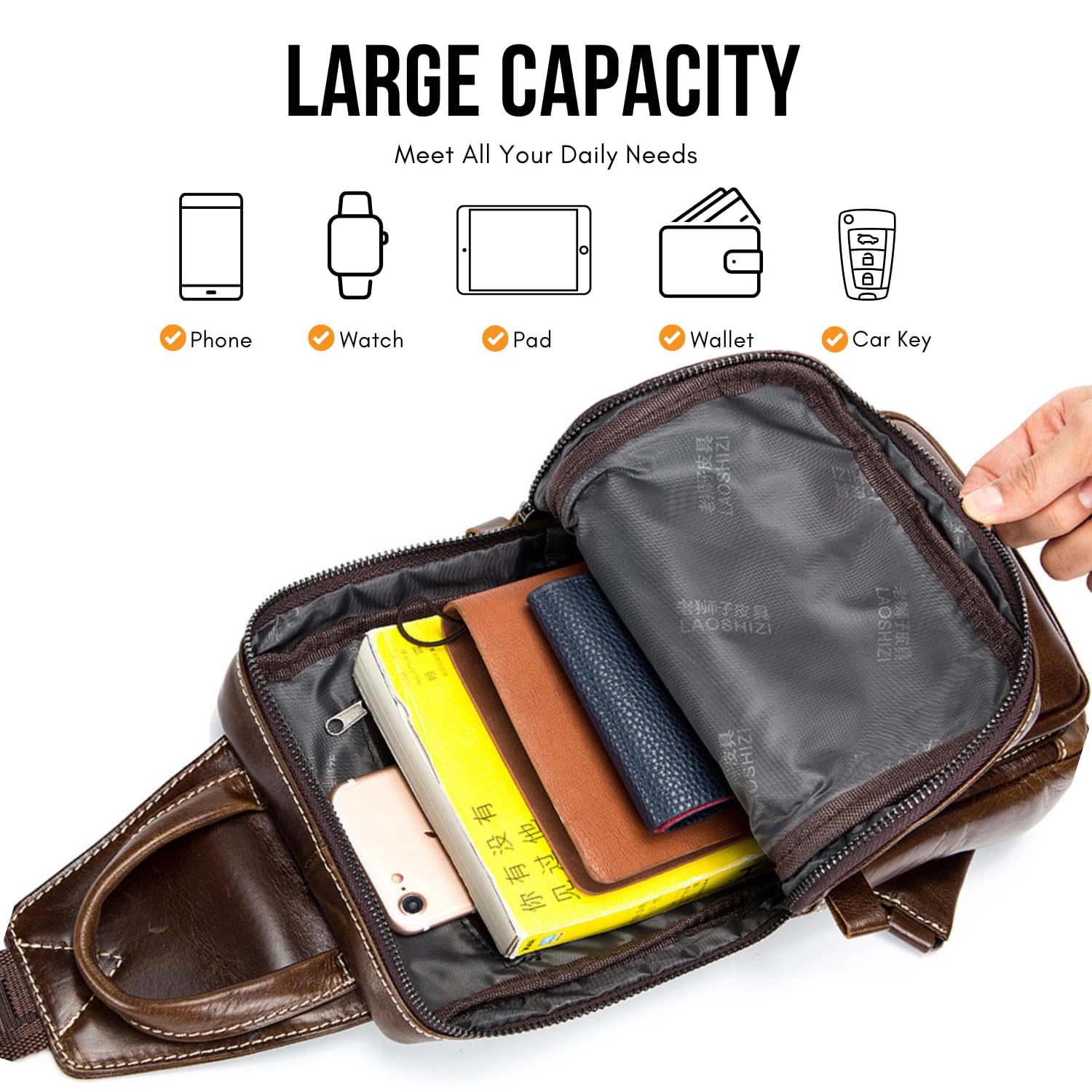 Water Resistant Leather Sling Bag for Women & Men - Crossbody Chest Shoulder Backpack - Perfect for Travel, Hiking & Daily Use (91005-Brown)