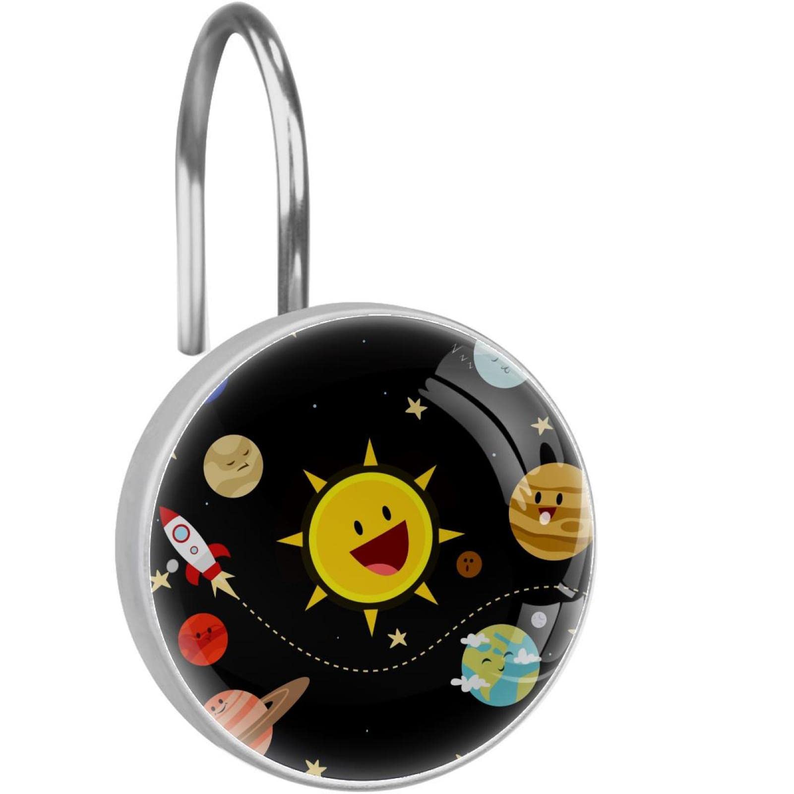 12-Pack Solar System Planet Shower Curtain Hooks - Cute Space Rocket Bathroom Decor Hooks for Kids & Adults - Perfect for Galaxy Themed Bathrooms & Science Lovers