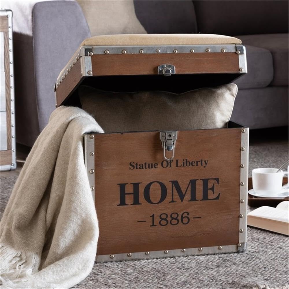 BOWERY HILL Beige Fabric and Wood Storage Ottoman - Versatile Footrest, Extra Seating & Living Room Storage Solution