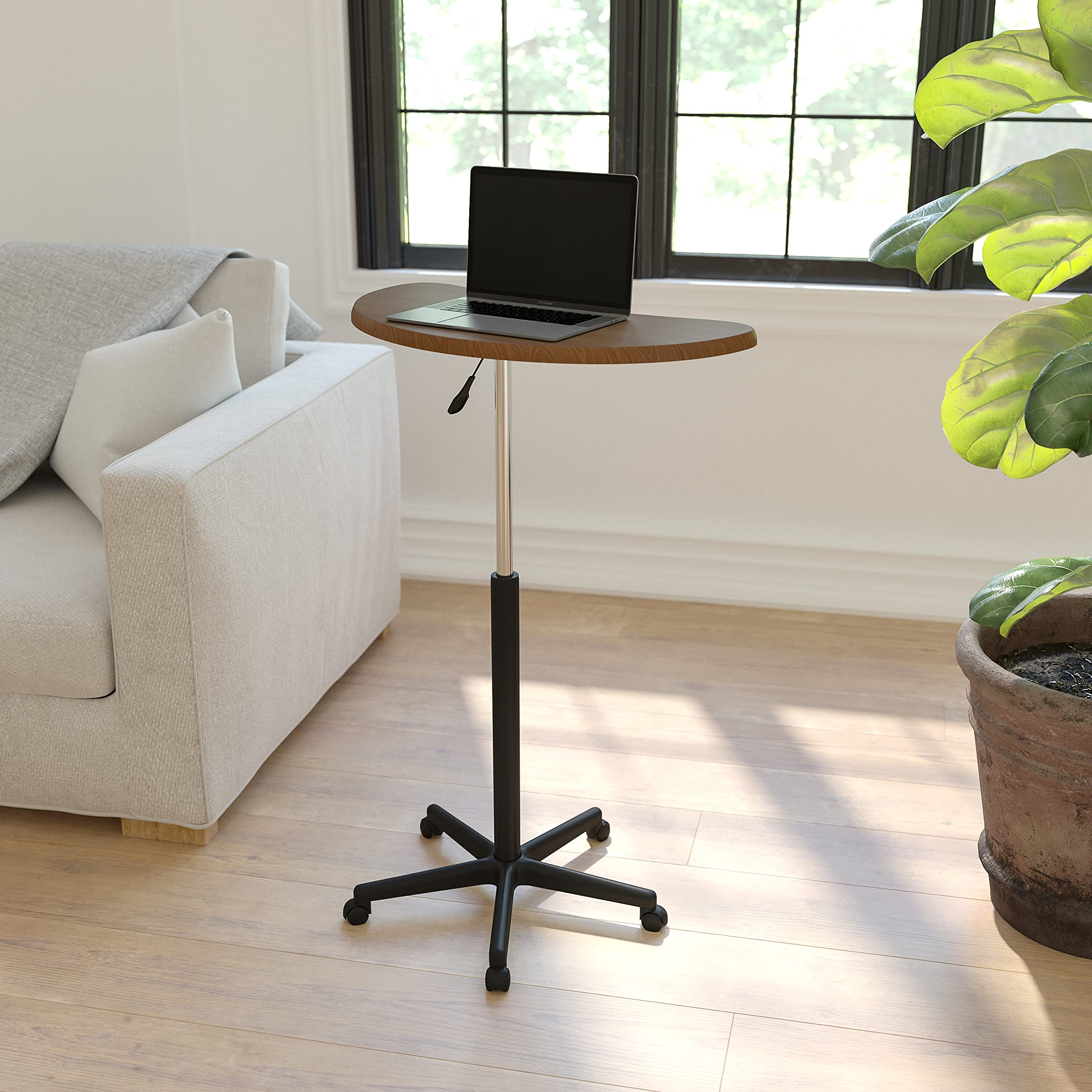 EMMA + OLIVER Rustic Walnut Adjustable Height Mobile Laptop Desk - Portable Rolling Standing Computer Workstation for Home Office & Small Spaces