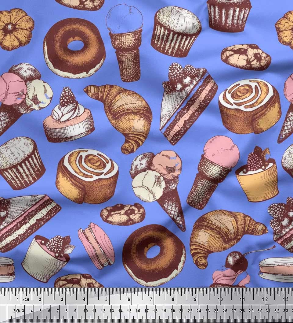 Soimoi Japanese Crepe Fabric - 42 Inch Wide Blue Cupcake Donut Cookies Print Cotton Fabric by The Yard - Whimsical Food Pattern Material for DIY Crafts, Quilting, Dressmaking & Home Decor Projects