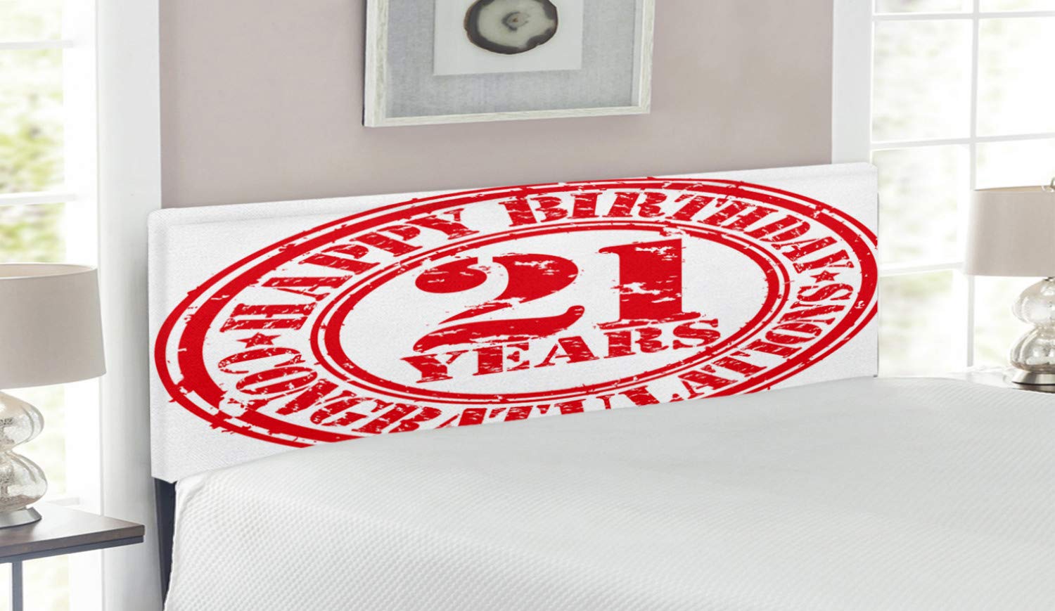 Ambesonne 21st Birthday Vintage Logo Headboard - Upholstered Metal Bed Frame with Memory Foam - Queen Size Red & White Decorative Headboard for Birthday Party Decorations & Bedroom Makeover