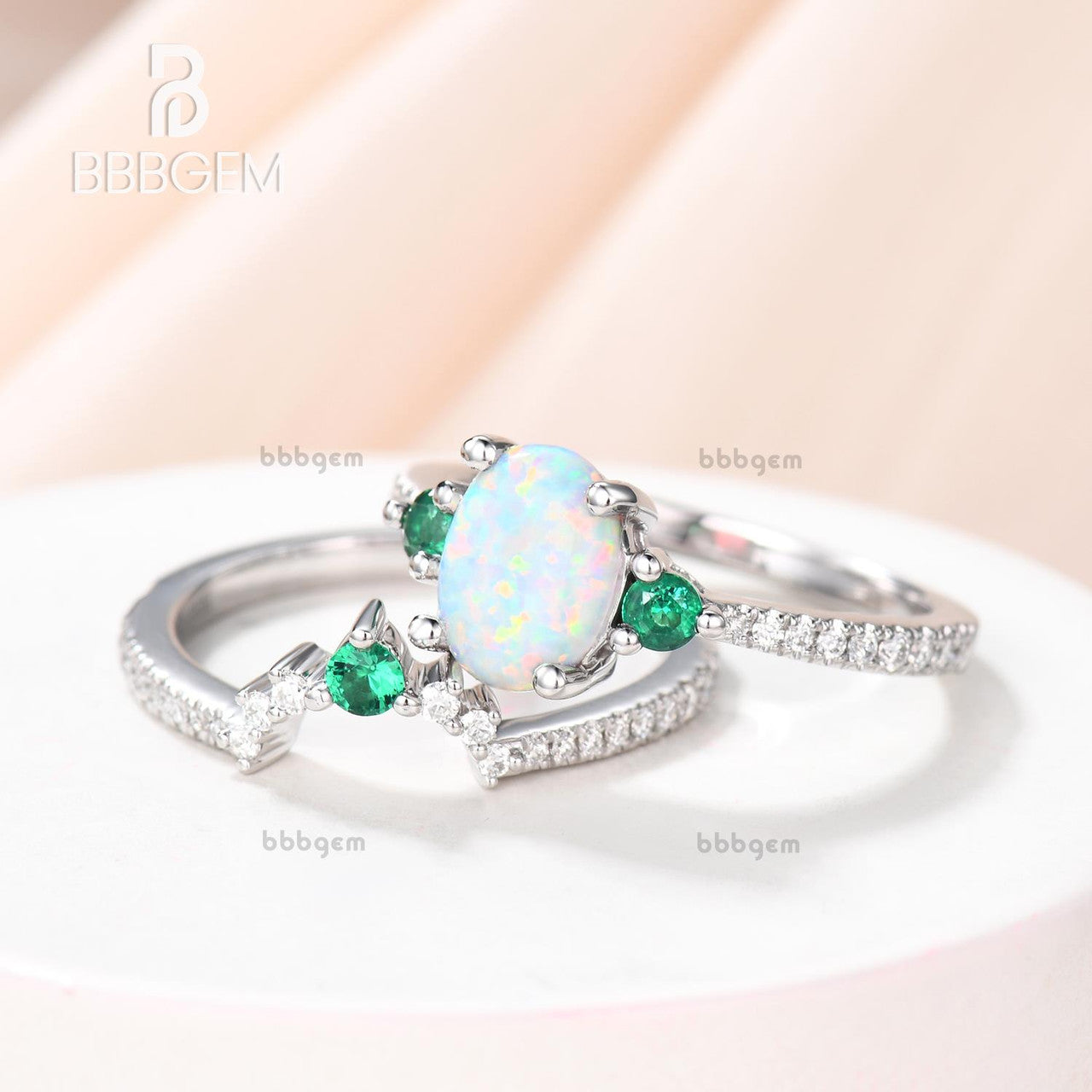 Antique Diamond & Emerald Engagement Ring Set with Lab Opal Bridal Wedding Band - Vintage Style for Bridal Jewelry, Wedding Proposal & Anniversary Gifts