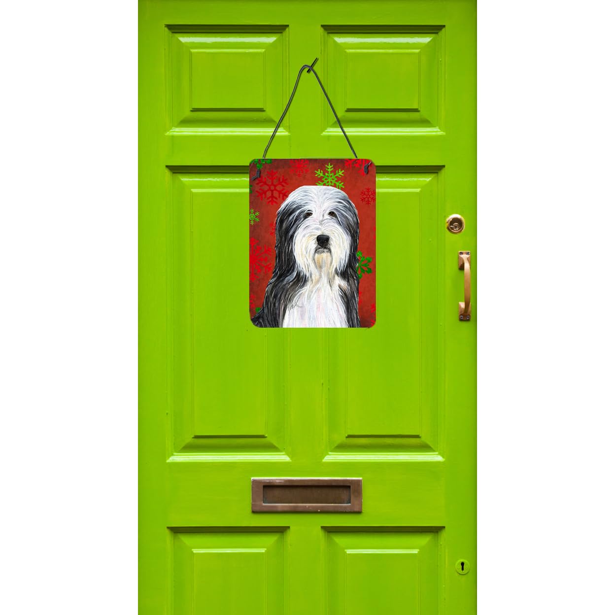 Caroline's Treasures Bearded Collie Dog Christmas Metal Sign - Red & Green Snowflake Holiday Wall Decor for Kitchen, Bathroom, Bar, Front Door - Durable Aluminum Plaque for Home & Office Decoration