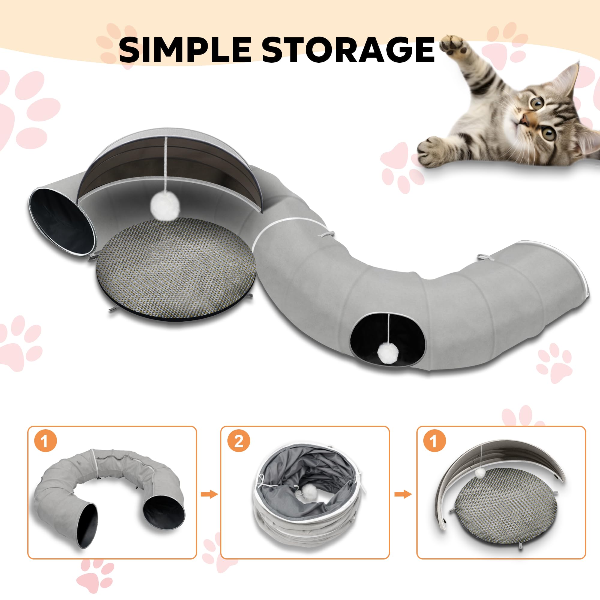 Large Cat Tunnel Bed with Ball Toy & Washable Mat - Detachable Straight Tunnel for Indoor Cats | Multi-Functional Pet Playhouse for Playtime & Napping - Cool Comfort Mat Included