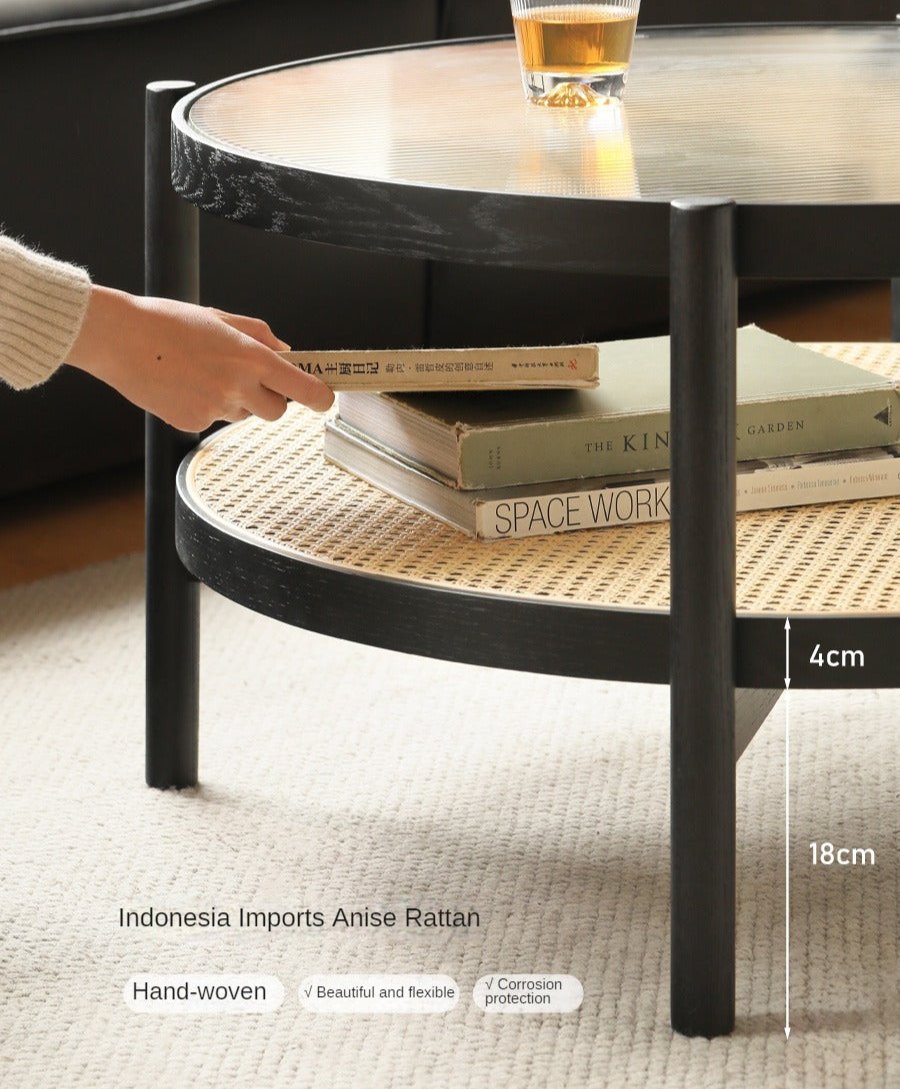 Solid Oak Wood Rattan Black Glass Round Coffee Table - Modern Living Room Centerpiece for Home Decor
